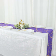 Polyester 9ft Table Runner Purple with Gold Foil Modern Geometric Accent