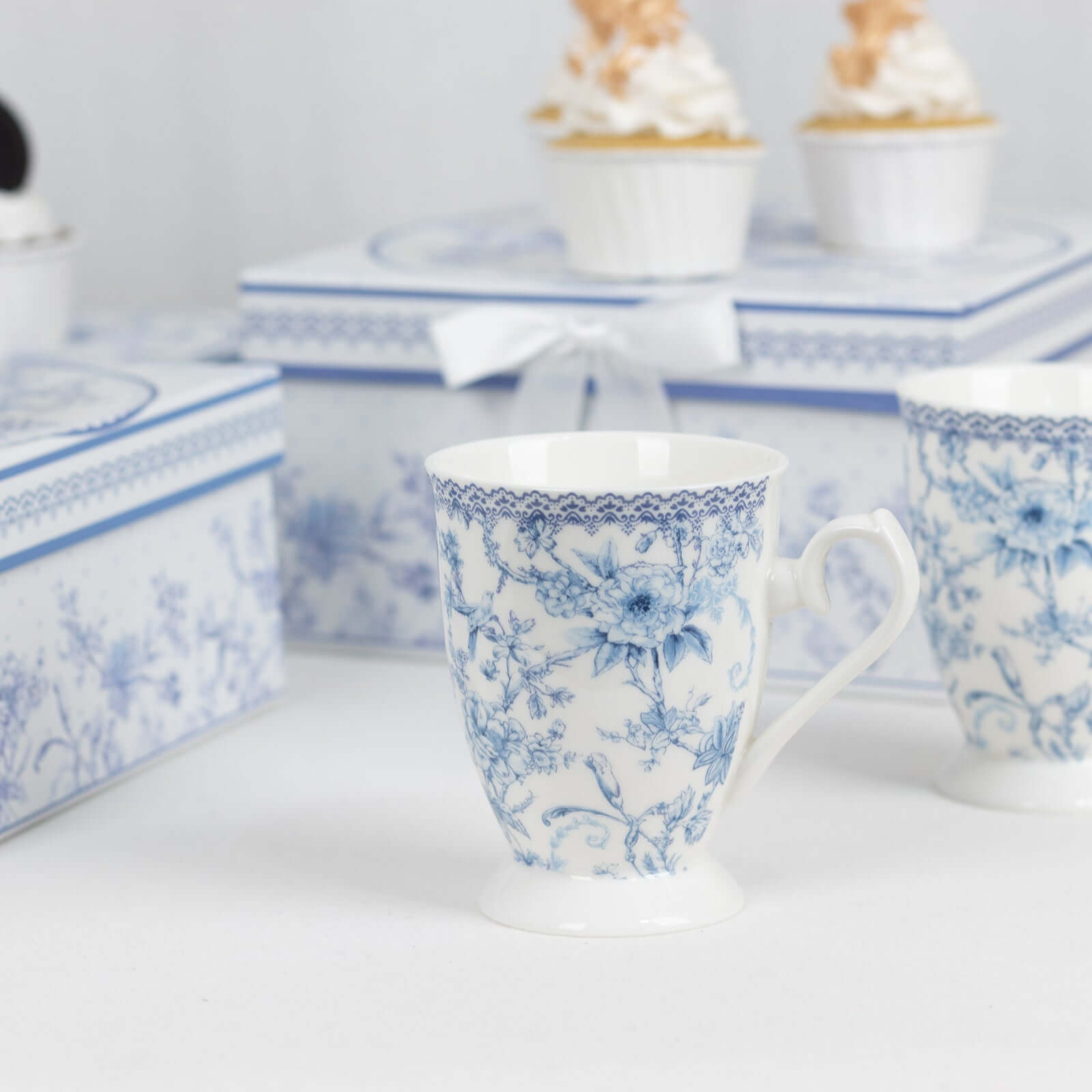 White Blue French Toile Bridal Shower Gift Set, 2 Pack Porcelain Tea Cups With Matching Keepsake Gift Box and Satin Ribbon Handle