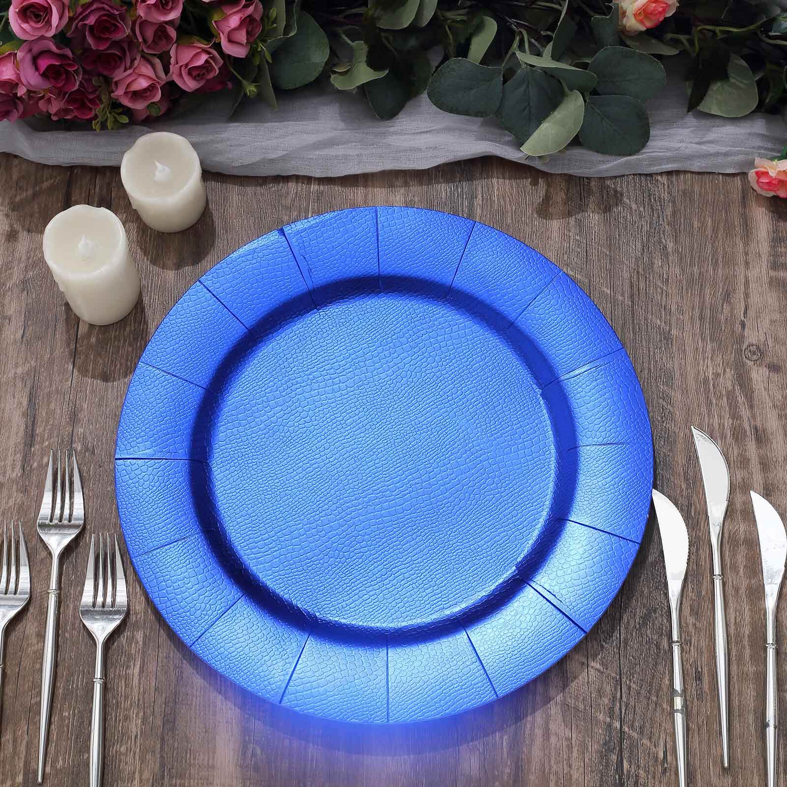 10-Pack Disposable Round Charger Plates in Royal Blue with Leathery Texture - Durable 1100GSM Cardboard Placemats 13"