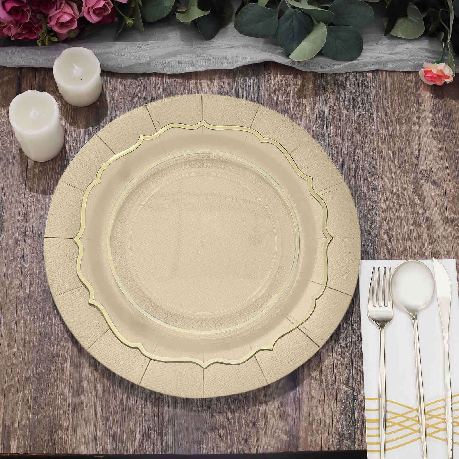 10-Pack Disposable Round Charger Plates in Champagne with Leathery Texture - Durable 1100GSM Cardboard Placemats 13"