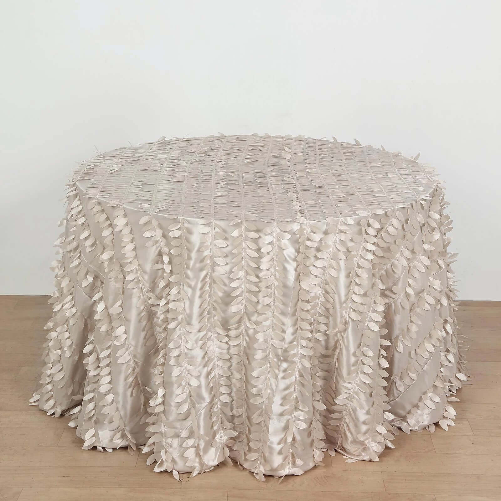 Taffeta 120" Round Tablecloth Beige | 3D Leaf Petal Design Seamless Table Cover for Chic Wedding & Event Decor