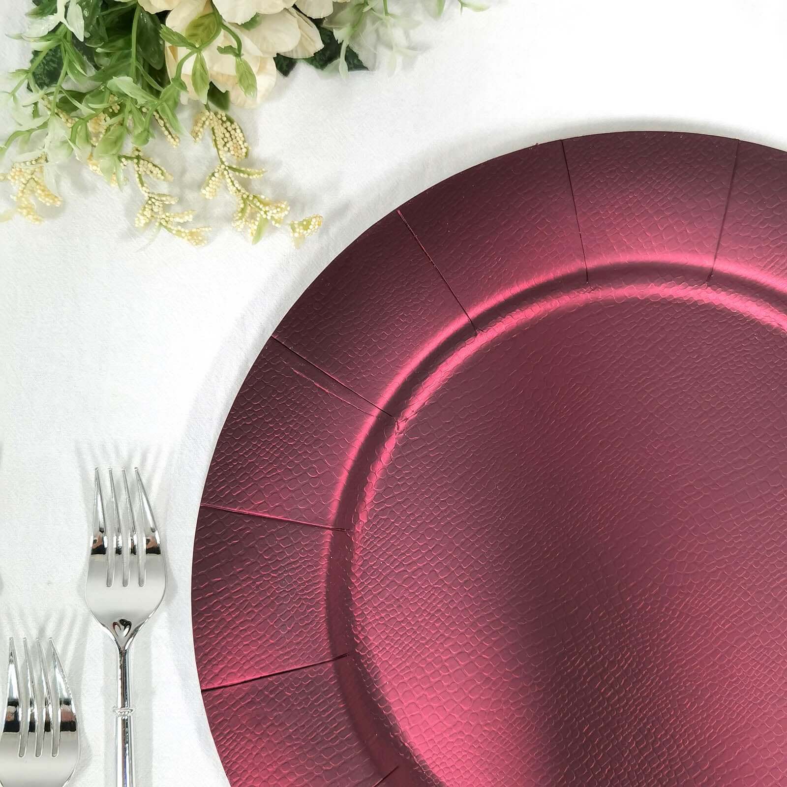 10-Pack Disposable Round Charger Plates in Burgundy with Leathery Texture - Durable 1100GSM Cardboard Placemats 13"