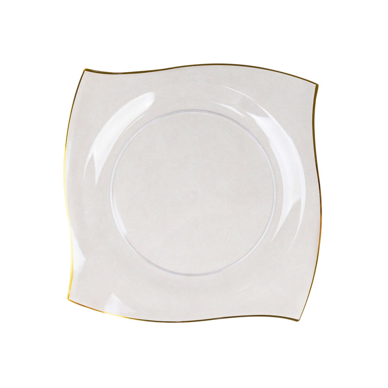 10-Pack Plastic 10" Square Dinner Plates in Clear with Gold Wavy Rim Modern - Disposable Party Plates