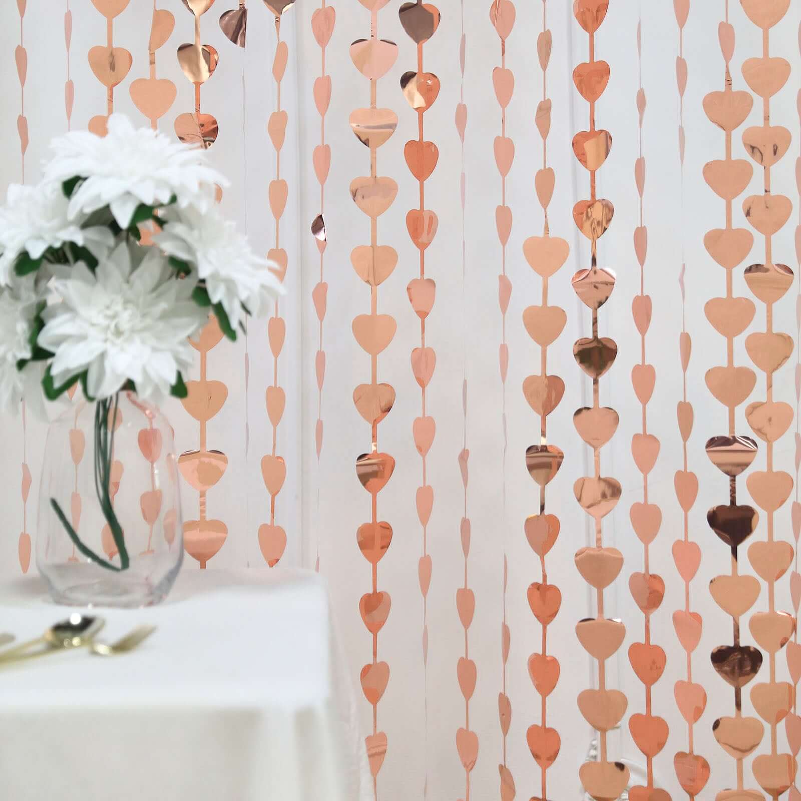 Rose Gold Heart Chain Foil Fringe Curtain Party Backdrop, Metallic Rose Gold Tinsel Streamer Party Decor - Door Window Foil Curtain - 3ftx6.5ft