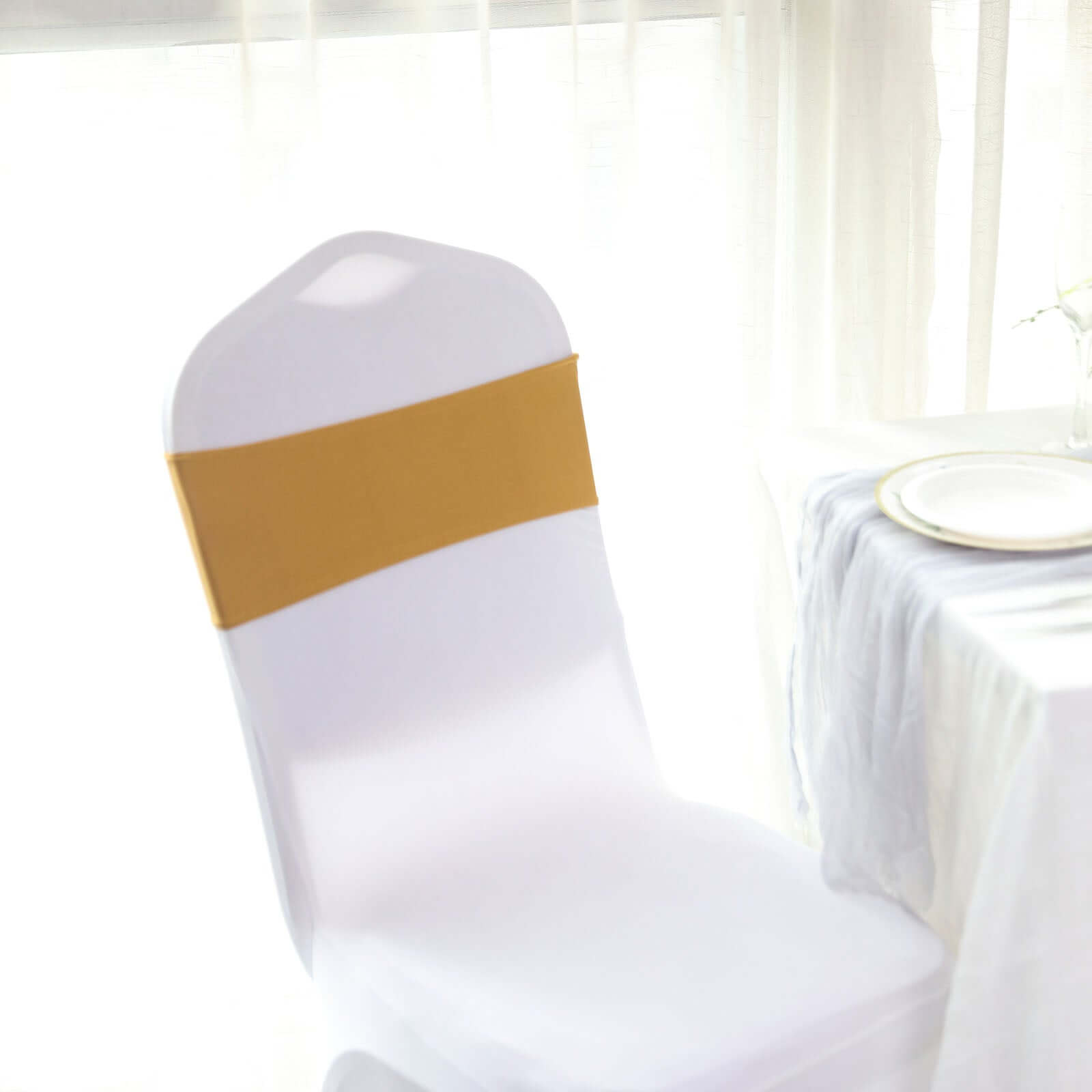 5 Pack Stretch Spandex Chair Sashes Gold - Classy Reusable Chair Bands with Silver Diamond Ring Slide Buckle 5"x14"