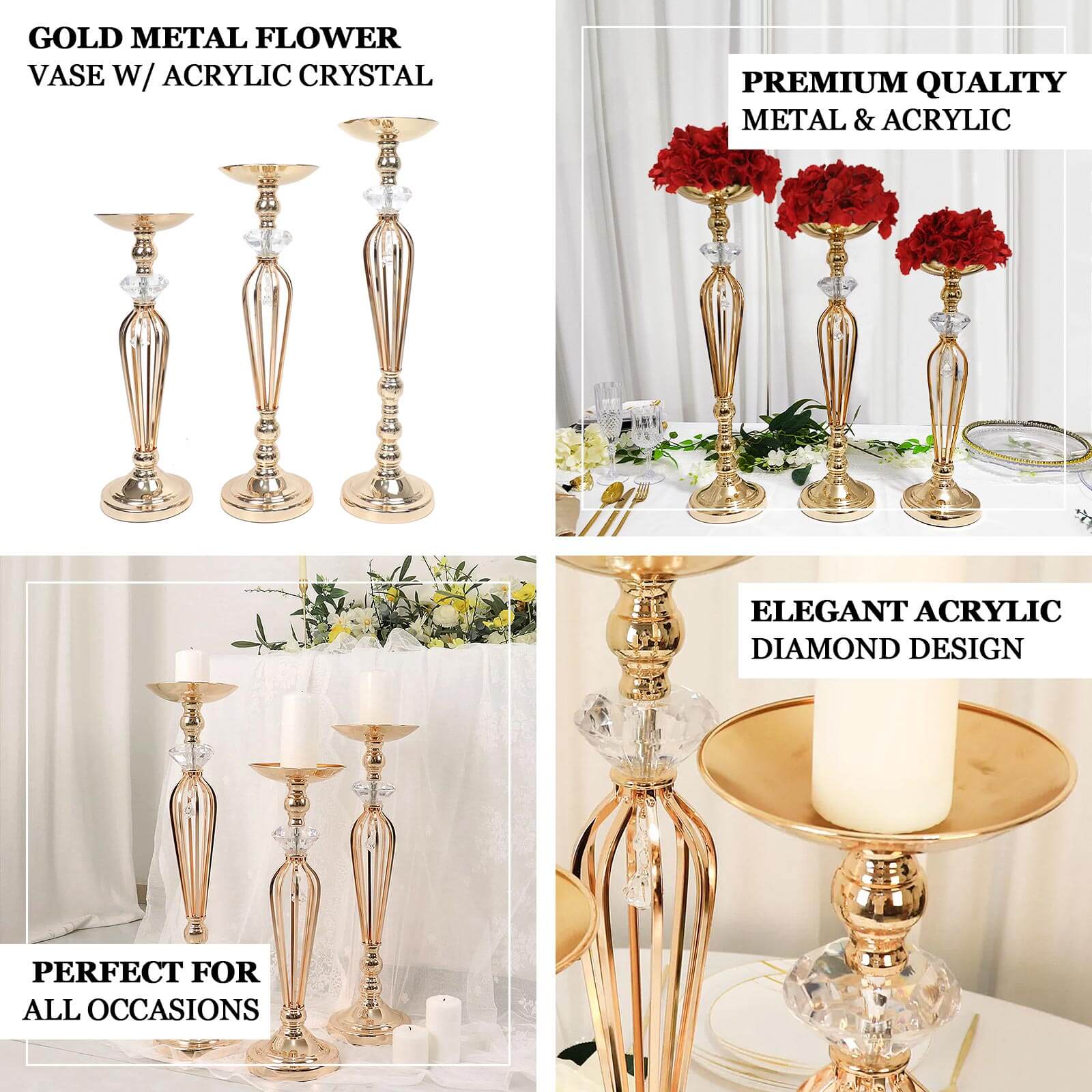 Set of 3 Metal Pedestal Stands with Crystal Ball Flower Bowl Design Gold - Pillar Candle Holders 20", 23", 25"