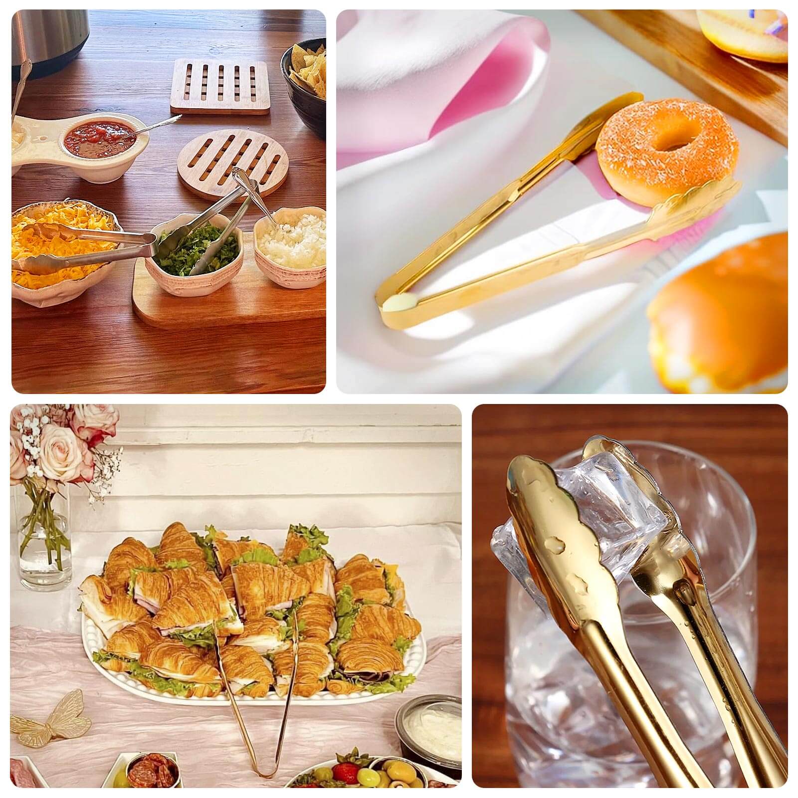 10-Pack Metal Serving Tongs Gold - Stainless Steel Food Safe Kitchen Tongs with Scalloped Gripping Edge for Indoor & Outdoor Gatherings 9.5"