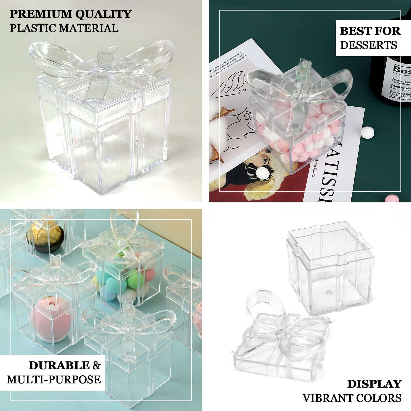 12 Pack 3" Square Clear Bow Top Plastic Party Favor Boxes, Transparent Candy Container Gift Boxes