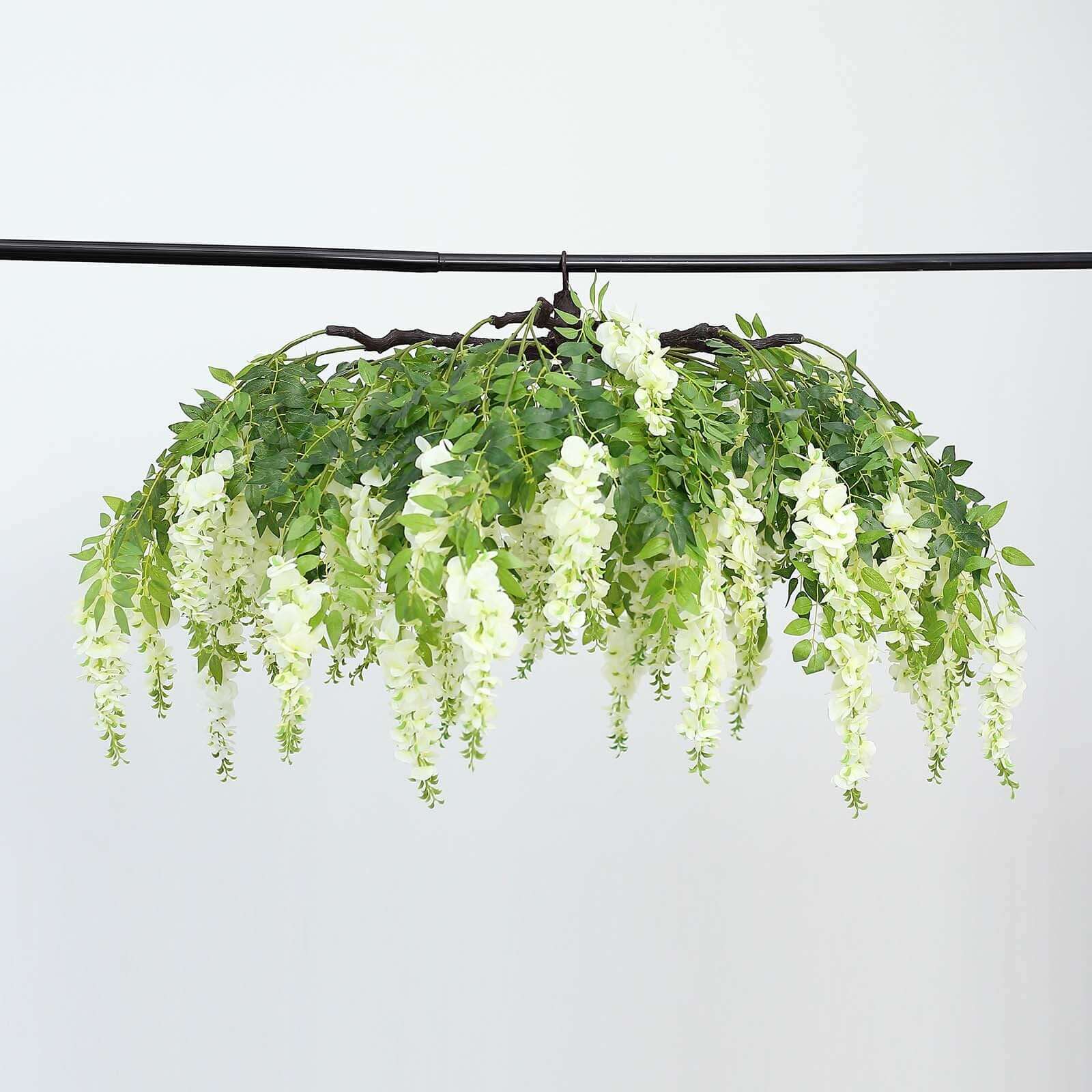 55" Cream Artificial Silk Hanging Wisteria Vine Flower Chandelier, Round Draping Garland Canopy With Interchangeable Branches