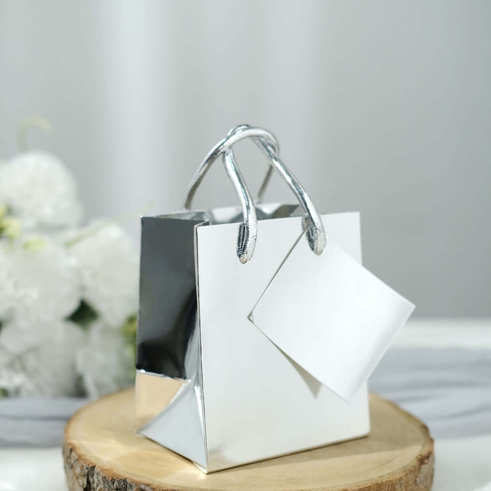 12 Pack 5" Shiny Metallic Silver Foil Paper Party Favor Bags With Handles, Small Gift Wrap Goodie Bags