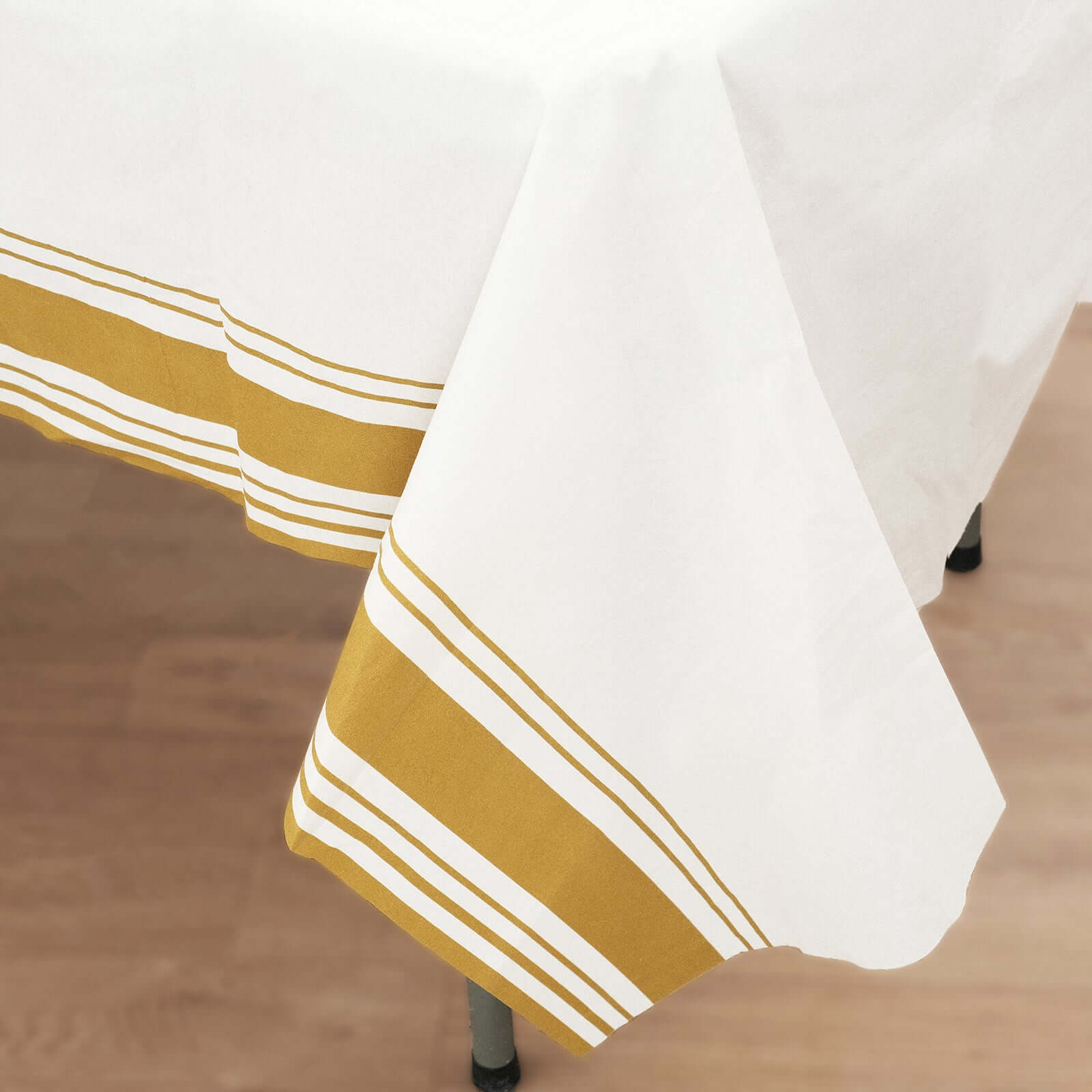 Linen-Like Paper 50"x108" Rectangle Tablecloth White - Disposable Airlaid Table Cover with Gold Striped Border