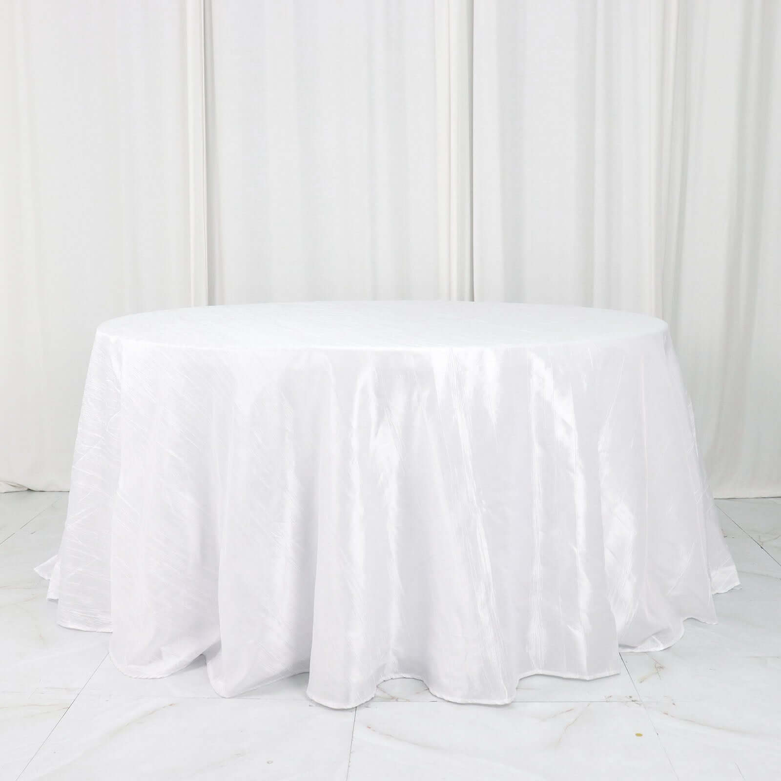 Taffeta 132" Round Tablecloth White - Seamless Accordion Crinkle Design for Exquisite Occasions