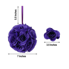 2 Pack 7" Purple Artificial Silk Rose Kissing Ball, Faux Flower Ball