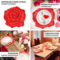 10-Pack Disposable Table Placemats with Red Rose Flower Design - 400GSM Floral Cardboard Placemats for Romantic Themes & Garden Parties 14"