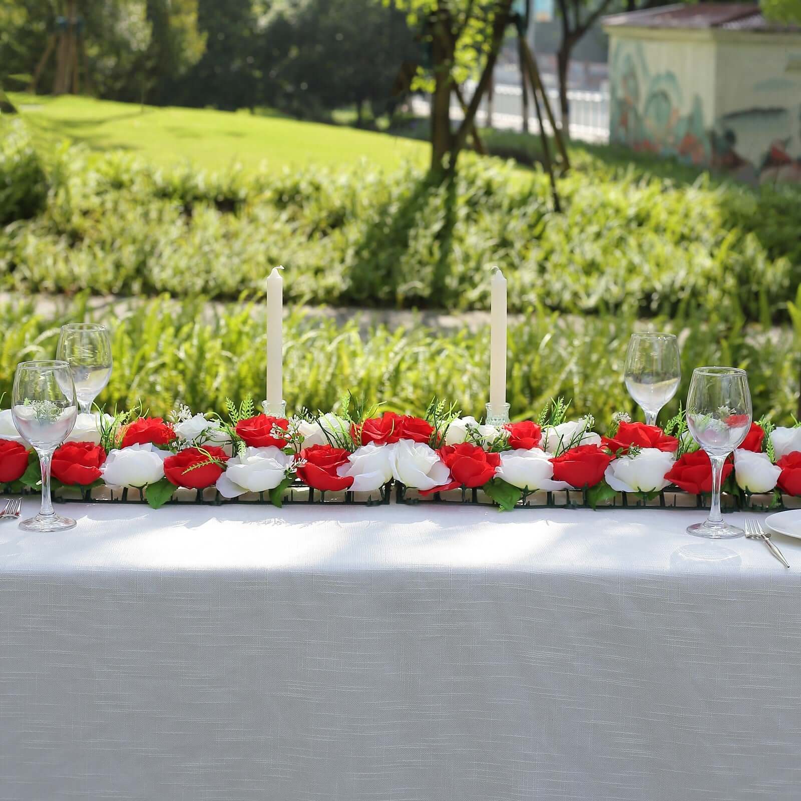 6 Pack Red Ivory Silk Rose Flower Panel Table Runner, Artificial Floral Arrangements Wedding Table Centerpiece - 20"x8"