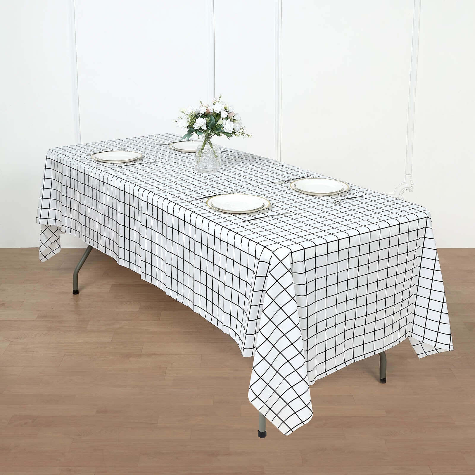 5-Pack Plastic Table Covers Black/White Grid Rectangle - Durable Checkered PVC Disposable Tablecloths 54"x108"