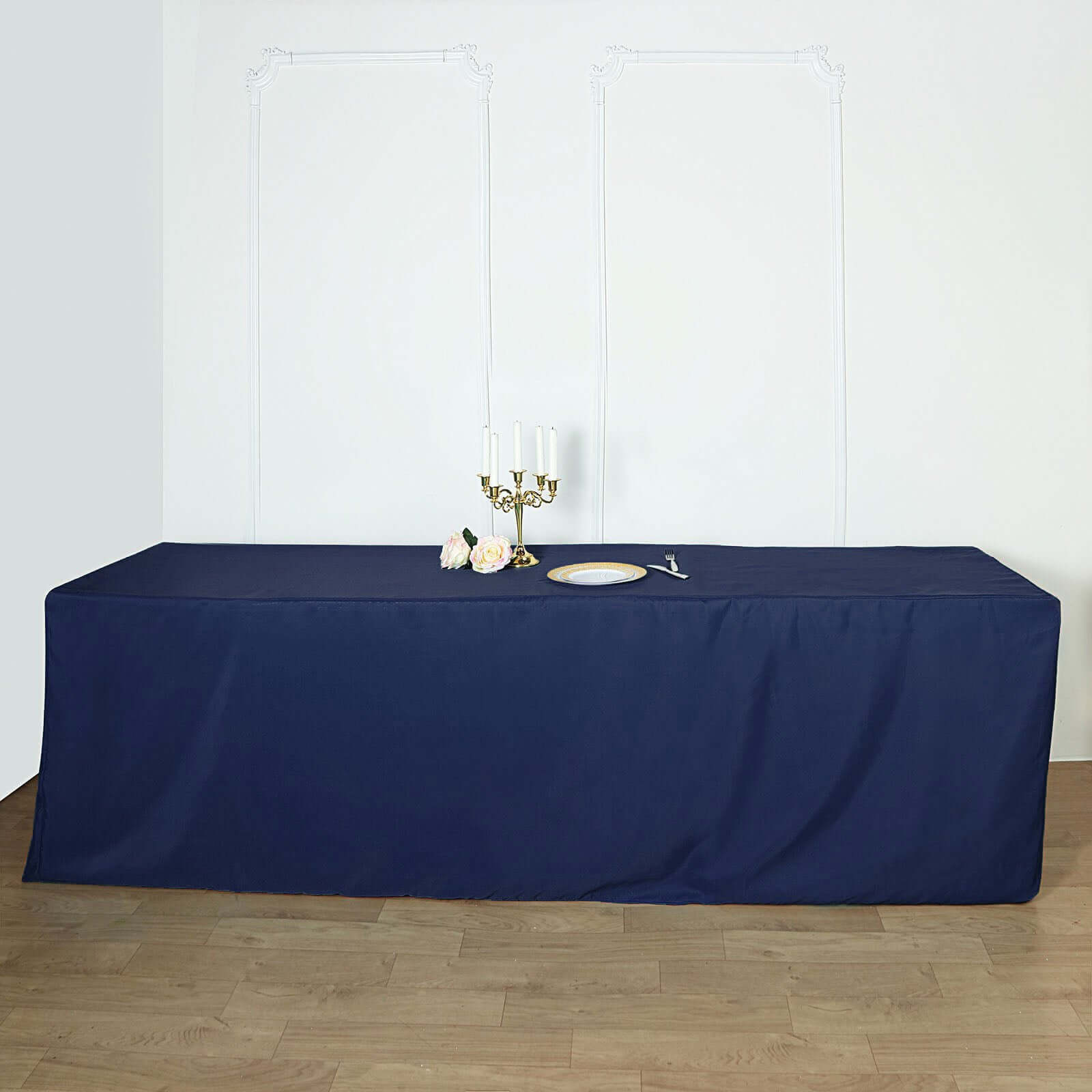 Fitted Polyester 96"x30" Rectangle Tablecloth Navy Blue - Durable and Easy to Maintain Table Cover