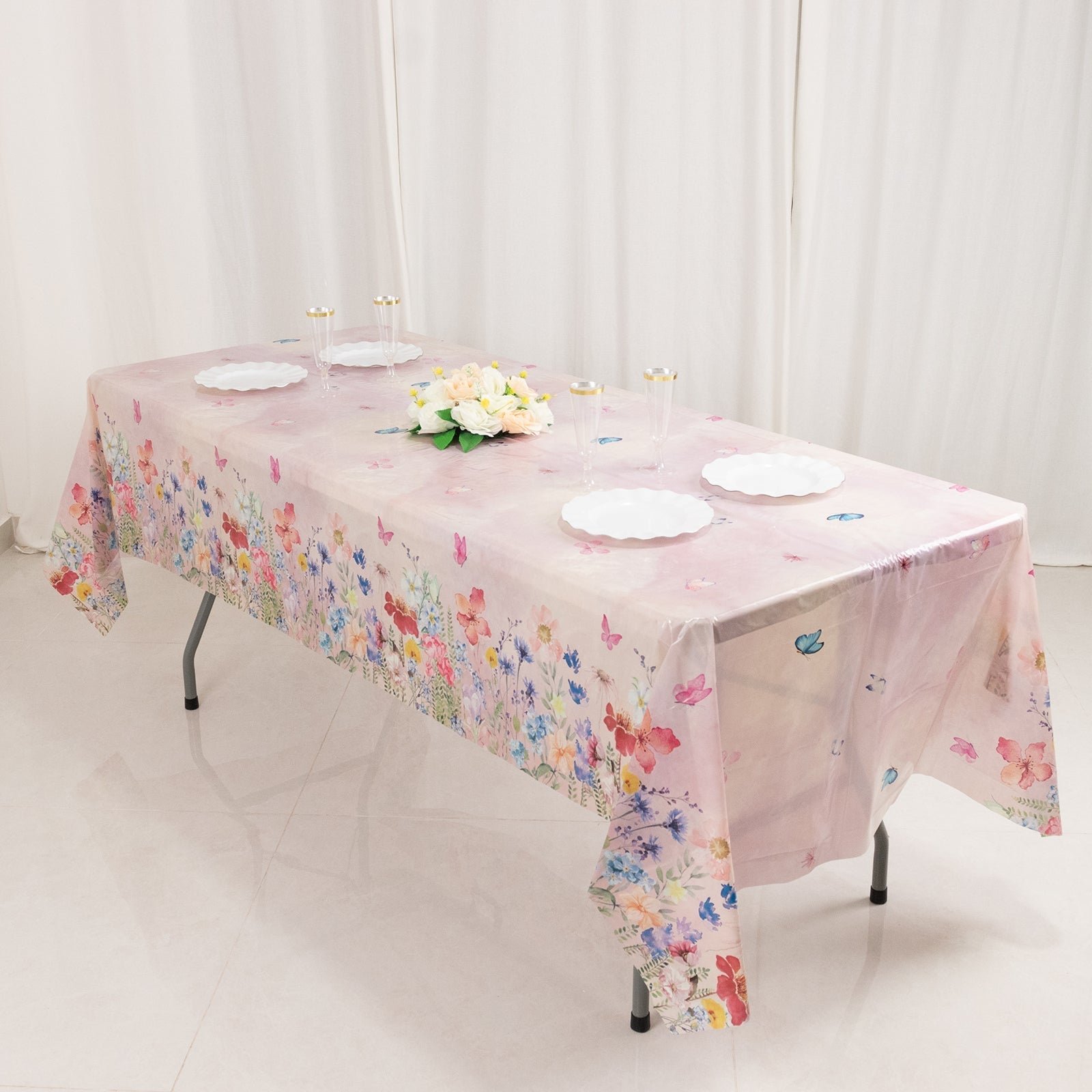 5-Pack Plastic Table Covers Blush Rectangle with Butterfly Floral Print - Decorative PVC Disposable Covers 54"x108"
