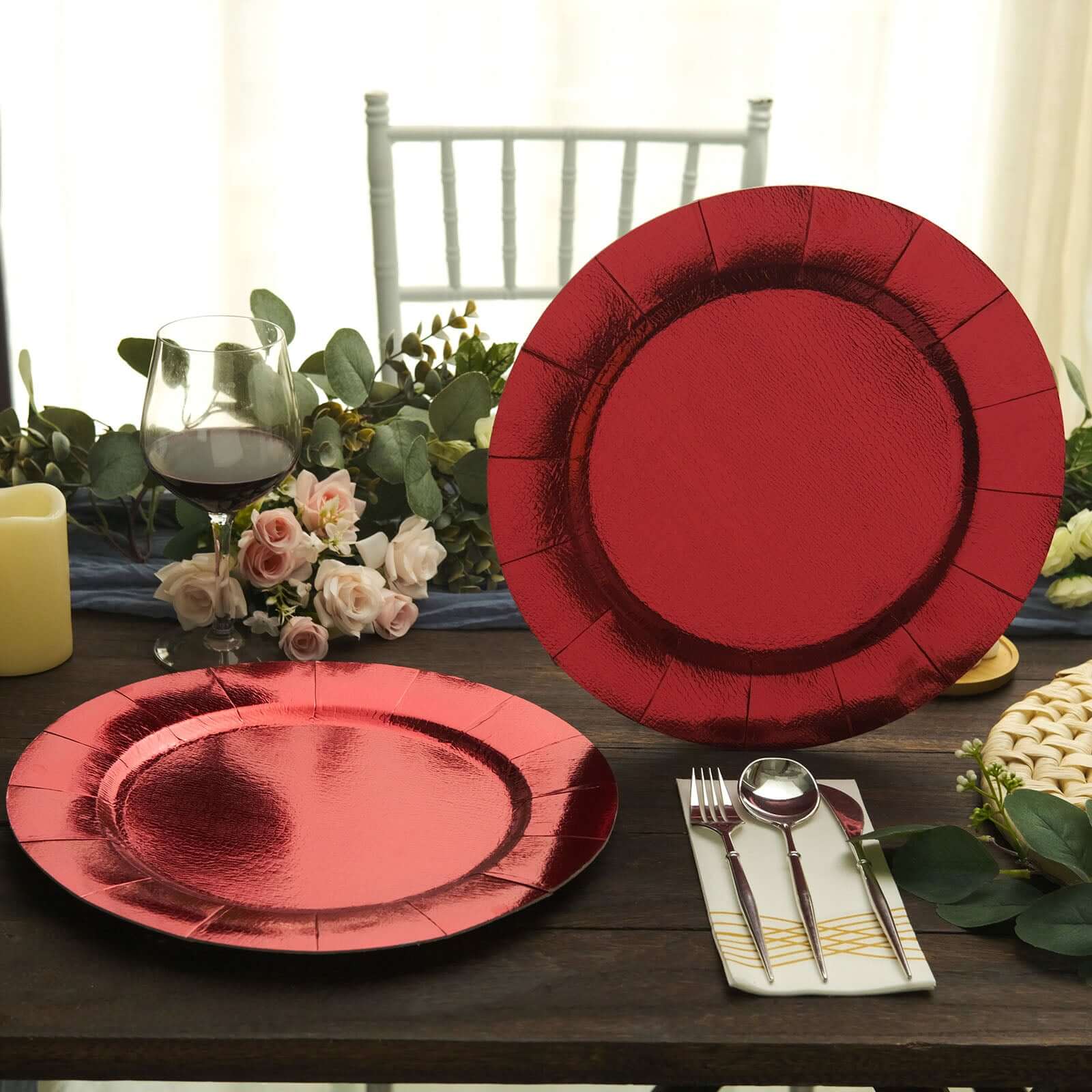 10-Pack Disposable Round Charger Plates in Red with Leathery Texture - Durable 1100GSM Cardboard Placemats 13"