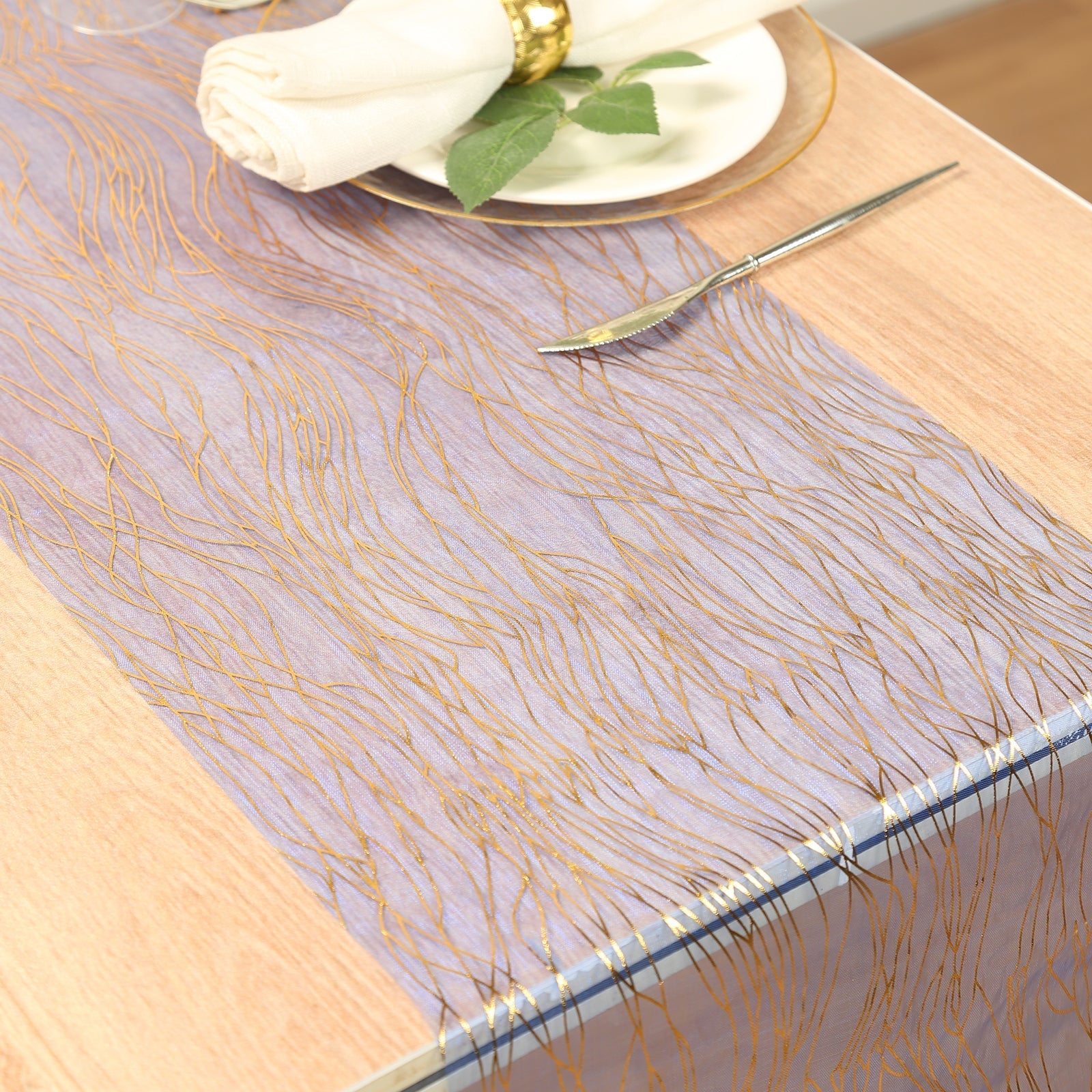 5 Pack Organza 12"x108" Table Runners Royal Blue - Gold Wave Design