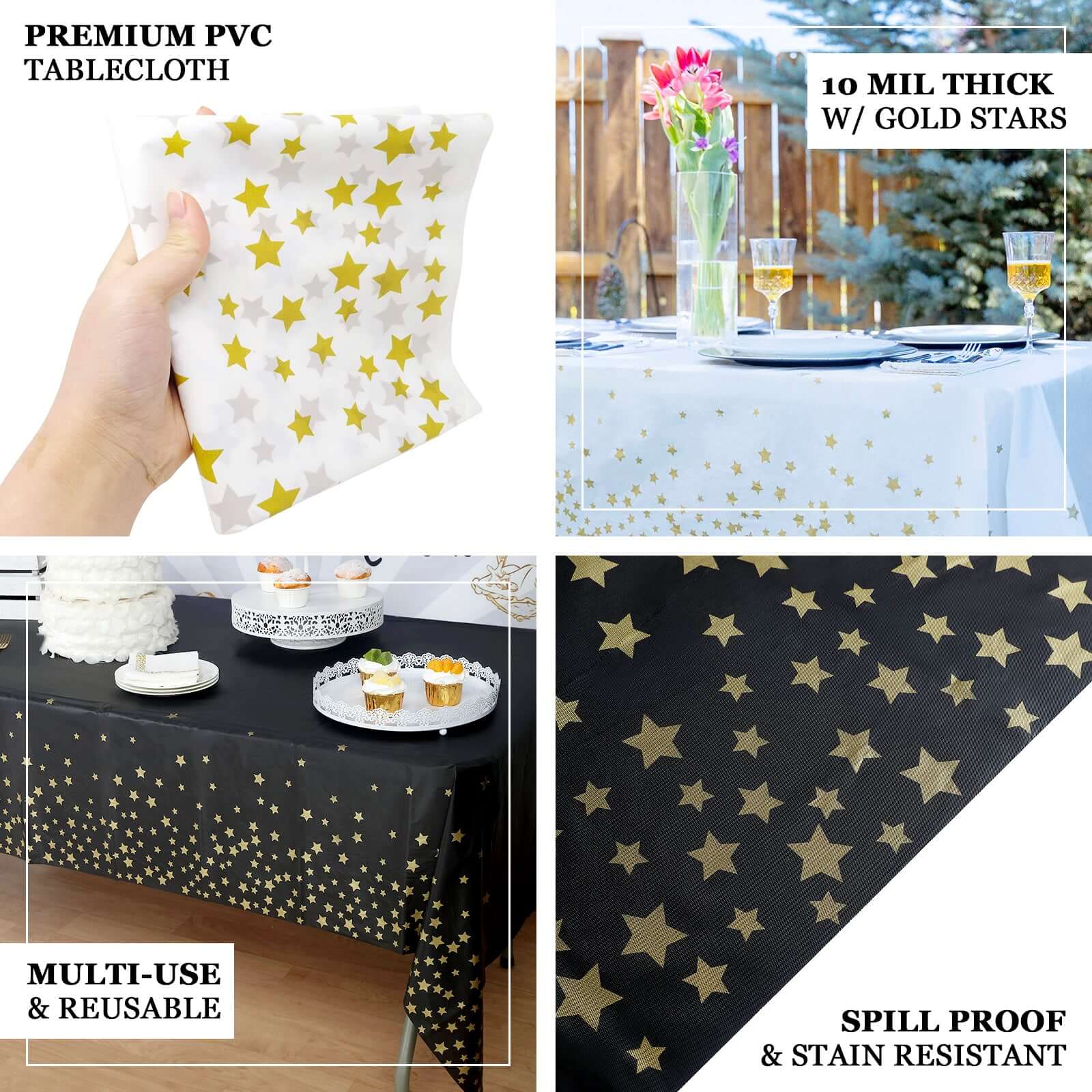 5-Pack Plastic Table Covers Black Rectangle with Gold Stars - Decorative PVC Disposable Tablecloths 54"x108"