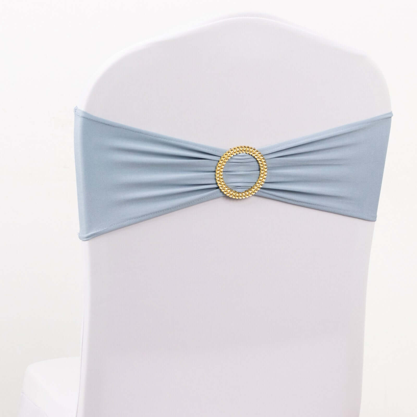 5 Pack Spandex Chair Sashes Dusty Blue with Gold Rhinestone Buckles - Reusable Four-Way Stretch Sash Bands 5"x14"