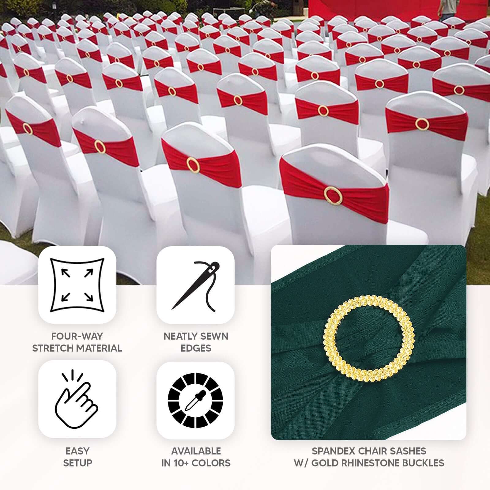 5 Pack Spandex Chair Sashes Cinnamon Brown with Gold Rhinestone Buckles - Reusable Four-Way Stretch Sash Bands 5"x14"