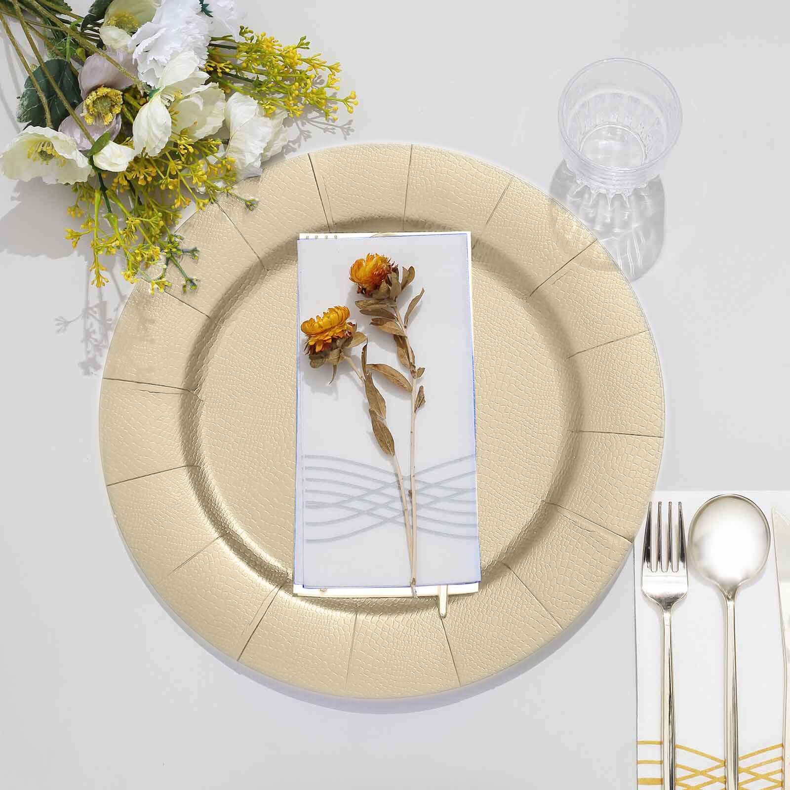 10-Pack Disposable Round Charger Plates in Champagne with Leathery Texture - Durable 1100GSM Cardboard Placemats 13"