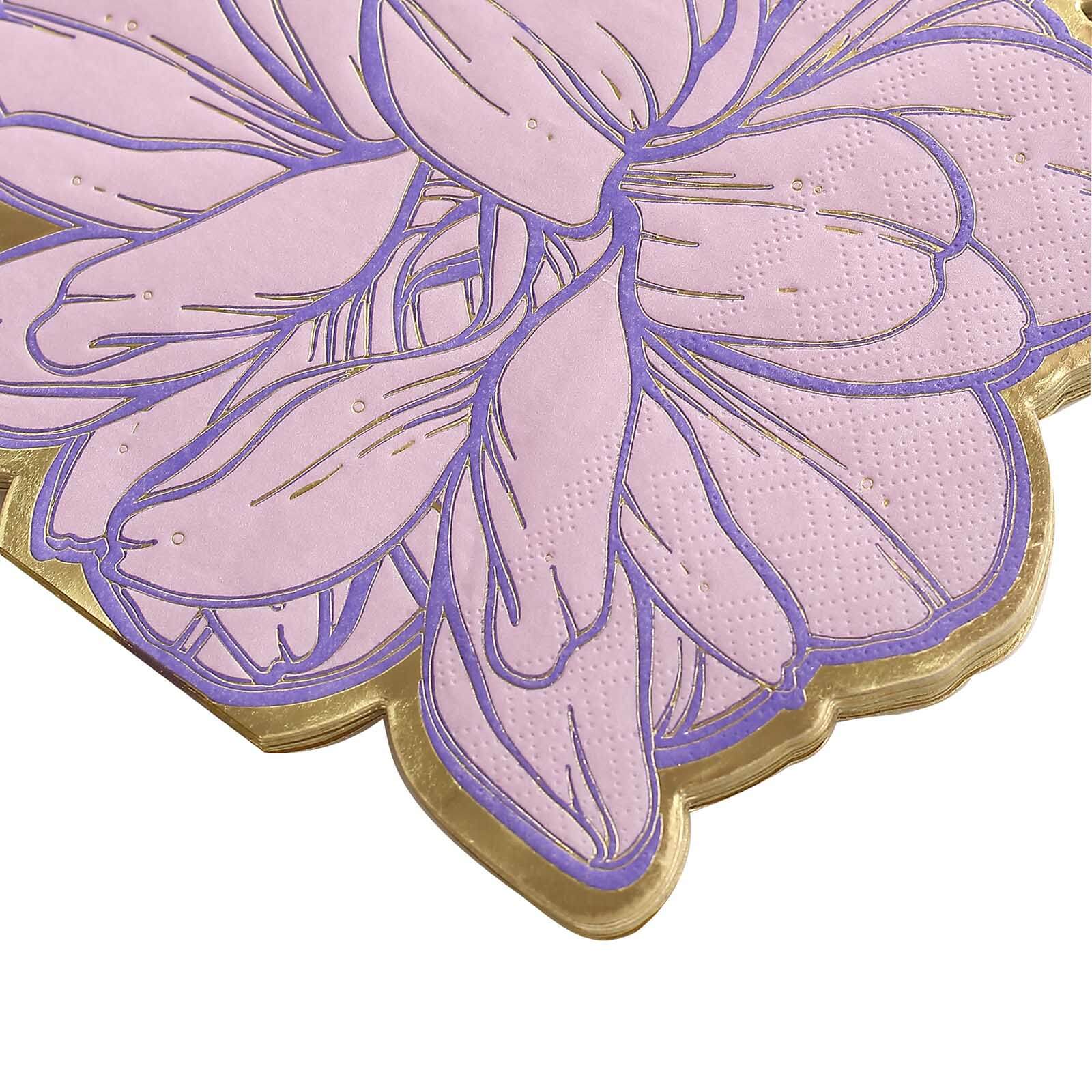 20-Pack Paper Cocktail Napkins with Purple Peony Flower Shape and Gold Edges - Stylish Disposable Party Napkins