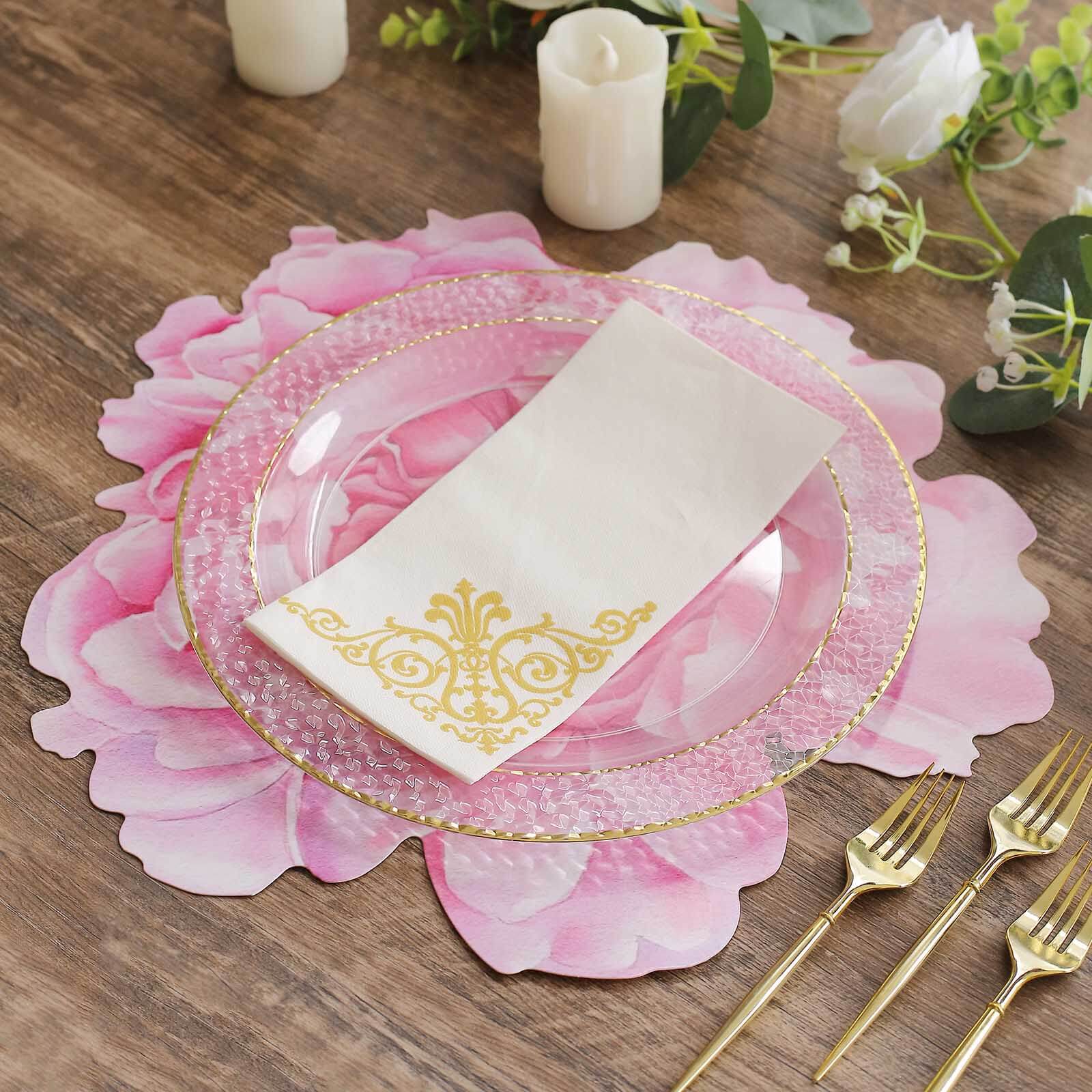 10-Pack Disposable Table Placemats with Pink Peony Flower Print - 400GSM Floral Cardboard Placemats for Dinner Parties & Gatherings 14"