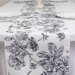 Polyester Table Runner 12"x108" White with Black French Toile Floral Print Reusable Table Décor