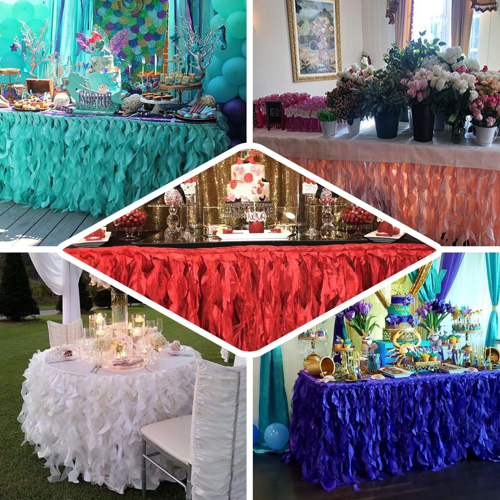 Taffeta 14ft Table Skirt Sage Green - Cascading Curly Willow Style Table Cover