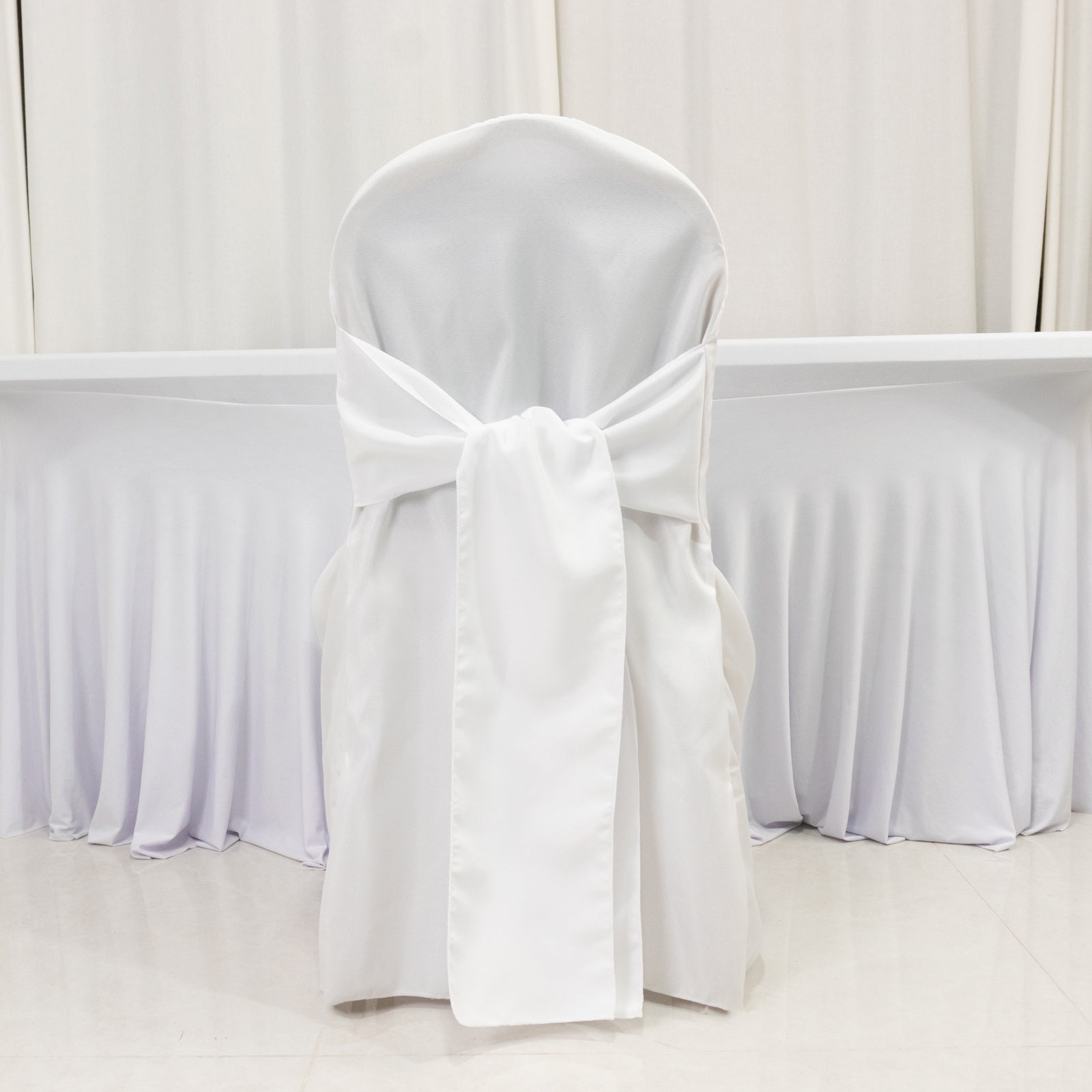 10-Pack Polyester Slip-On Banquet Chair Covers with Attached Sashes – White Reusable Stain-Resistant Covers for Wedding & Event Decor