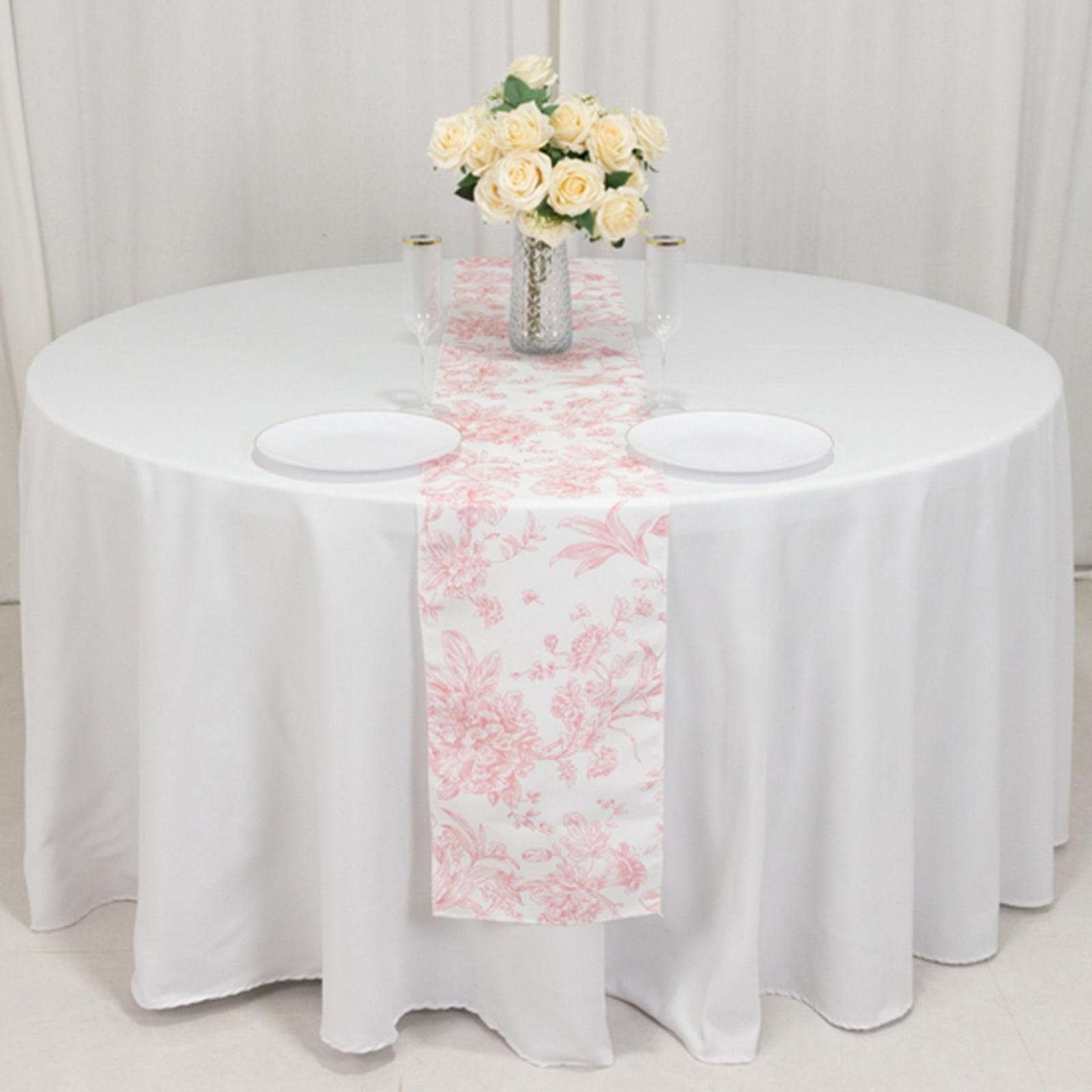 Polyester Table Runner 12"x108" White with Pink French Toile Floral Print Reusable Table Décor