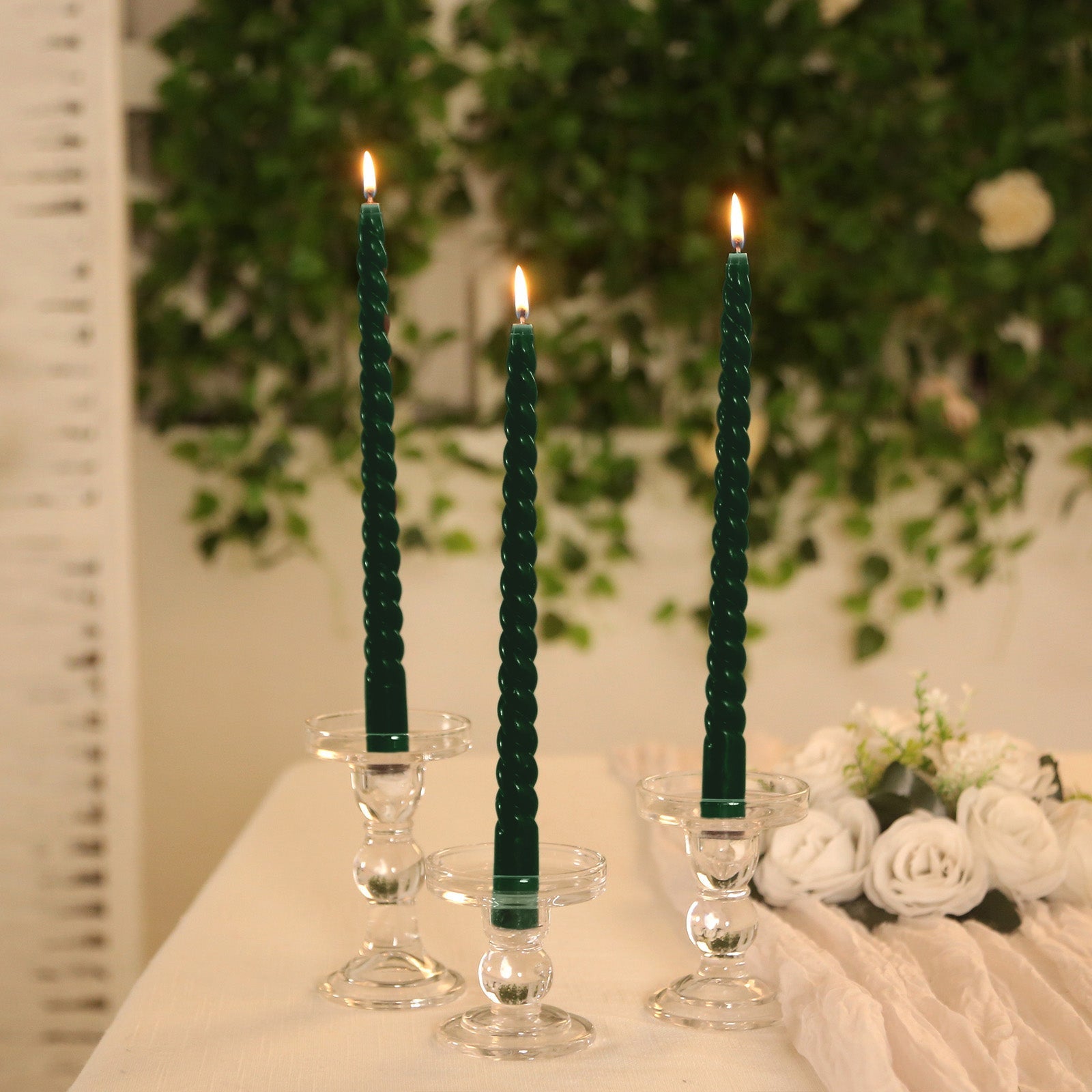 12 Pack 11" Hunter Emerald Green Premium Unscented Spiral Wax Taper Candles, Long Burn Wick Dinner Candle Sticks