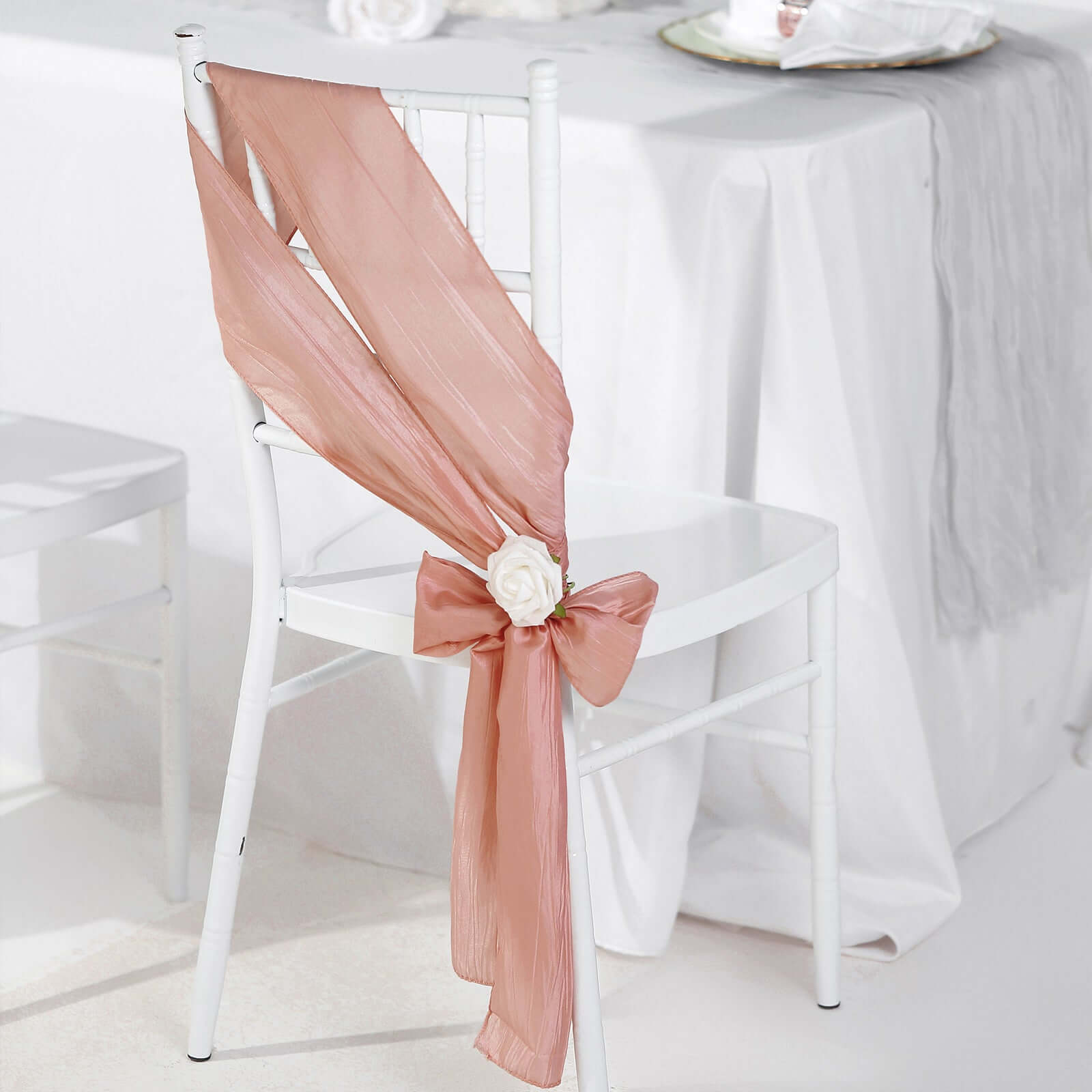 5 Pack Taffeta 6"x106" Chair Sashes Dusty Rose Accordion Crinkle Texture - Stylish Decor for Weddings & Gatherings
