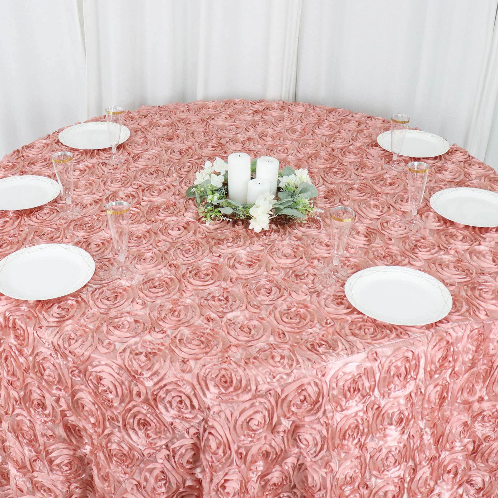 Satin 120" Round Tablecloth Dusty Rose - Grandiose 3D Rosette with Seamless Finish Table Cover