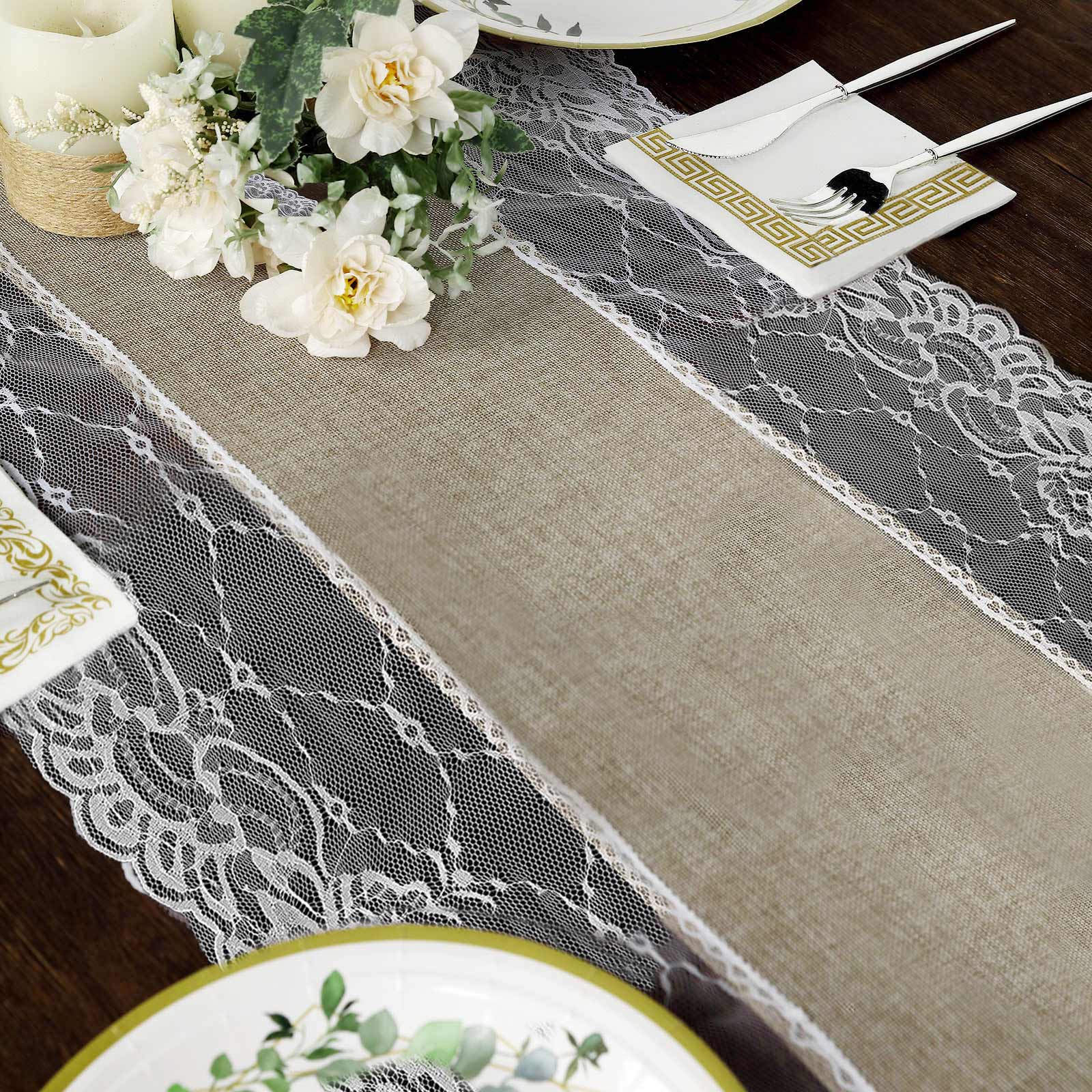 Faux Burlap Jute 16"x108" Table Runner Taupe With White Lace Edging - Rustic Farmhouse Table Linen