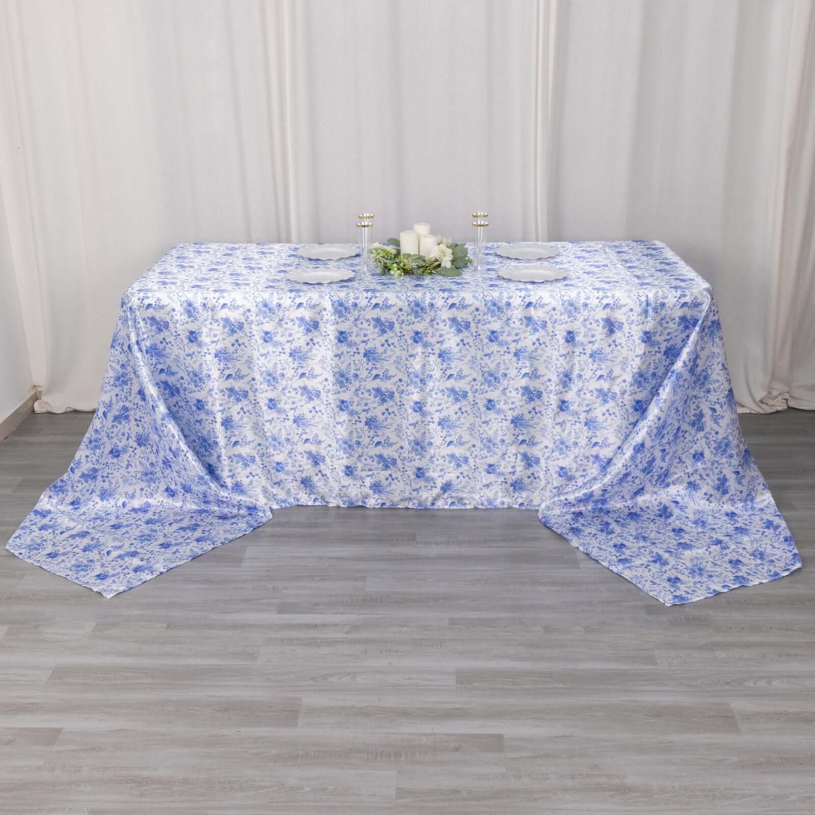 Satin Rectangular 90"x156" Tablecloth White/Blue French Toile Design - Seamless Stylish & Wrinkle-Resistant Table Cover
