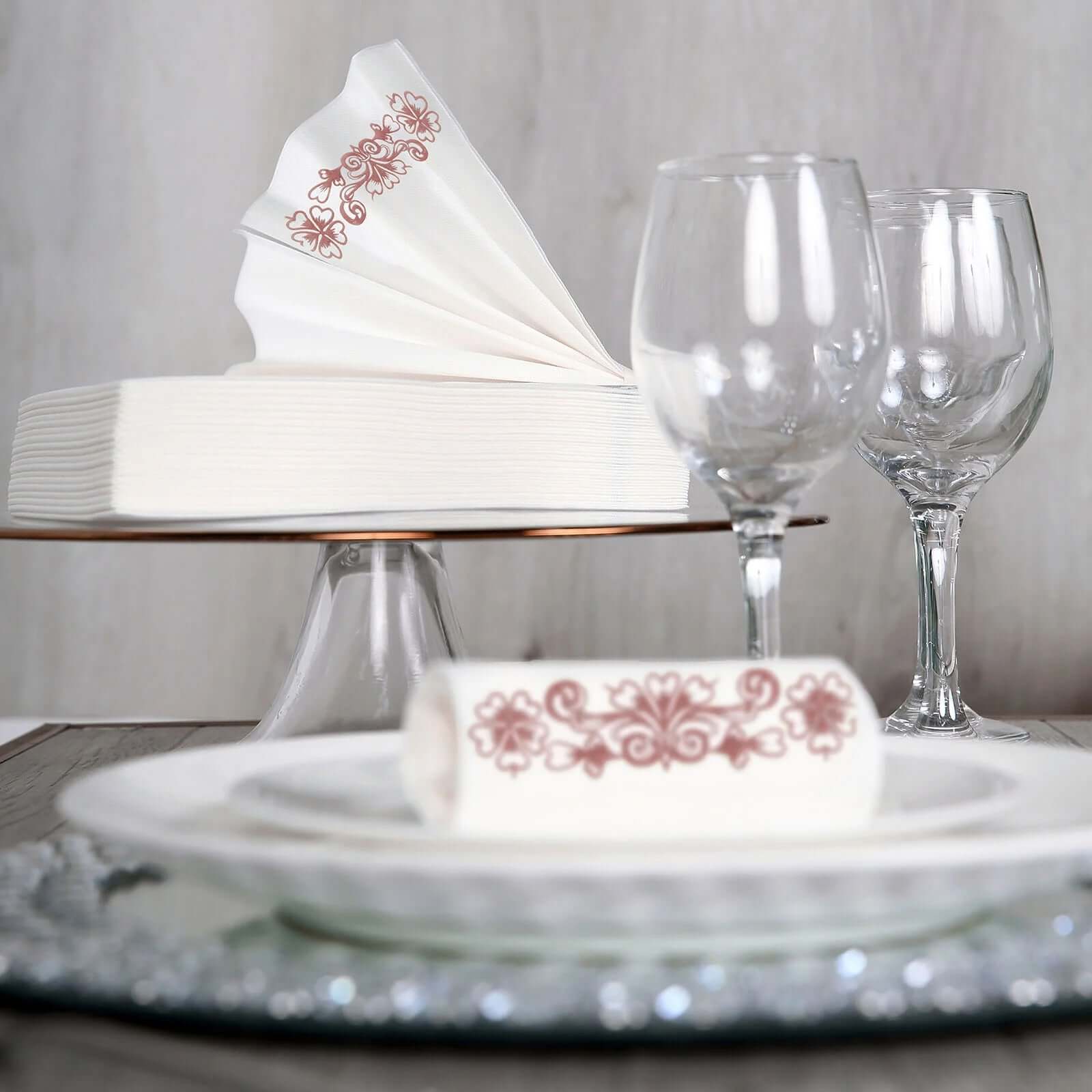 20 Pack White Linen-Feel Dinner Paper Napkins with Rose Gold Floral Print, Premium Cloth-Like Airlaid Disposable Napkins, Soft and Absorbent Guest Towels