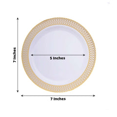 10-Pack Plastic Round Dessert Plates 7" White with Beige Gold Spiral Rim - Disposable Salad Plates