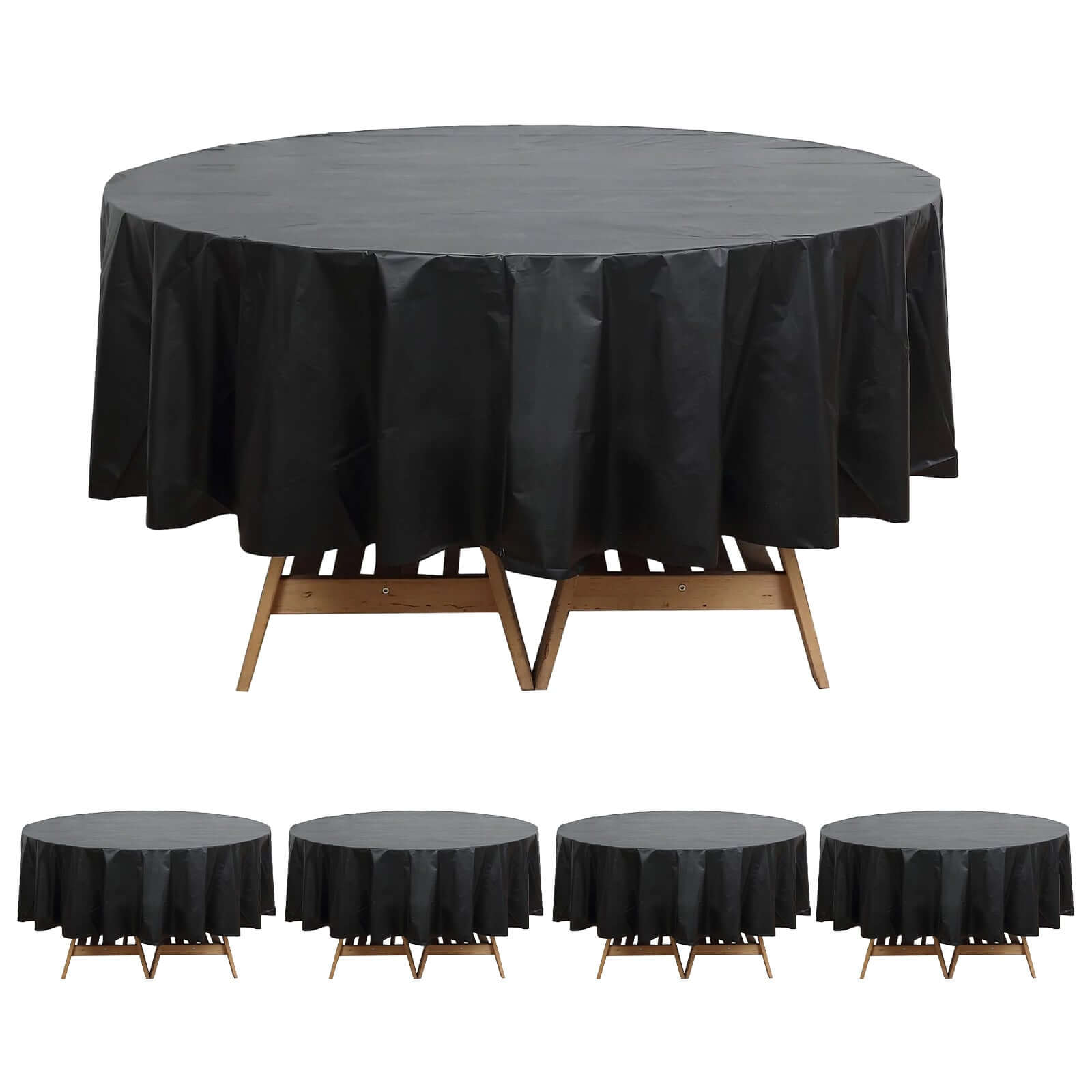 5-Pack Plastic Table Covers Black Round - Durable PVC Disposable Tablecloths for Events 84"