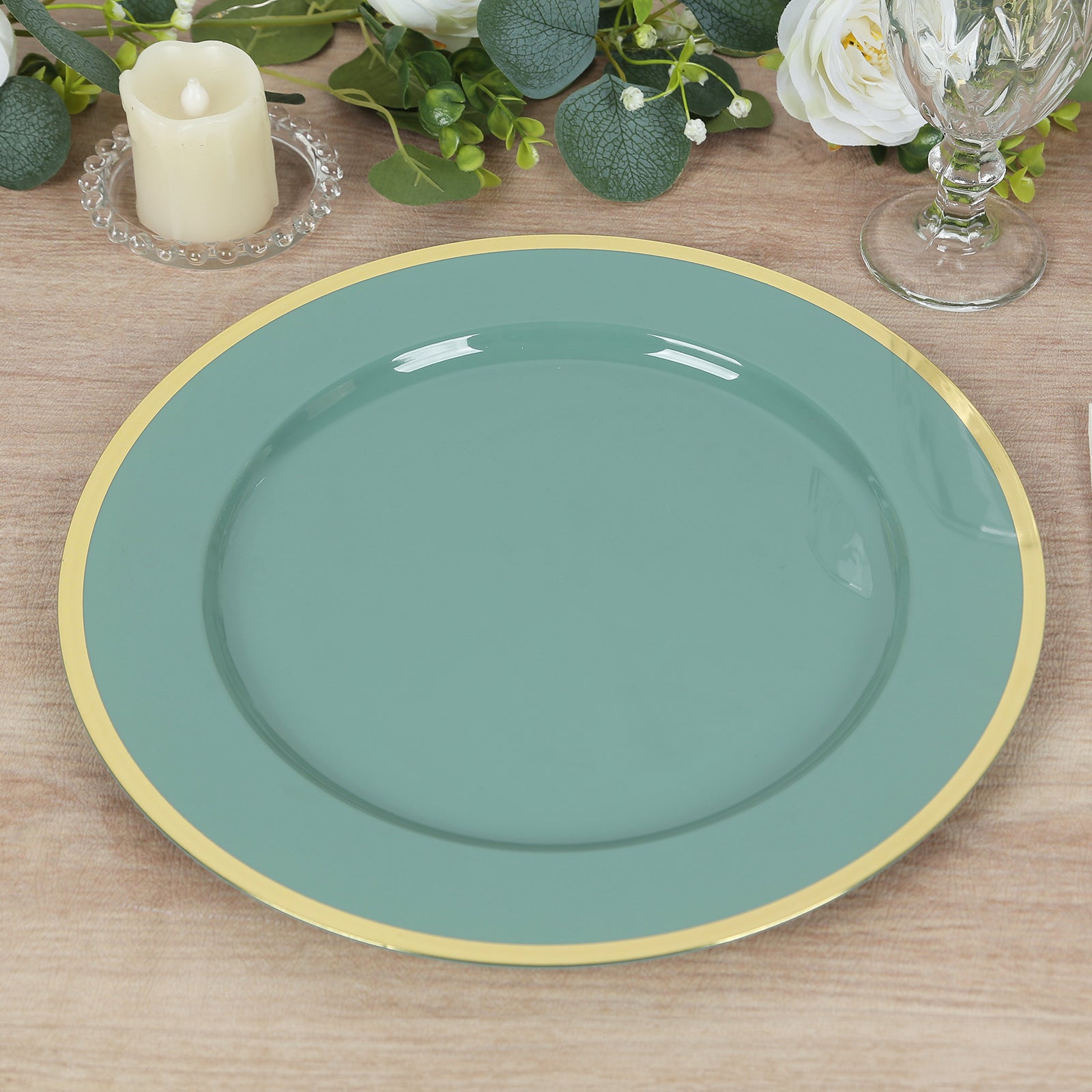 10-Pack Economy Plastic Round Charger Plates 12" in Dusty Sage Green with Wide Gold Rim, Decorative Dinner Party Serving Plates