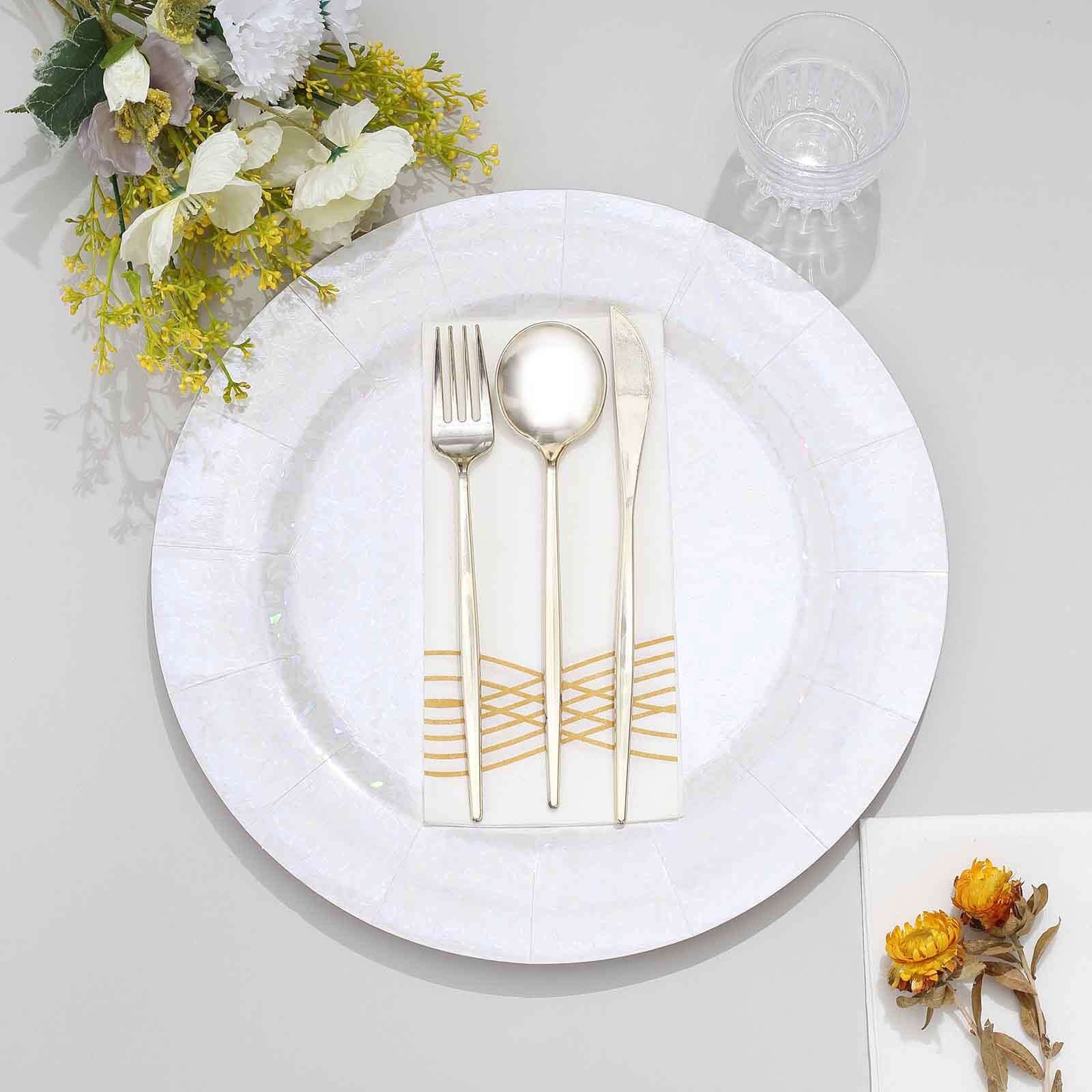 10-Pack Disposable Round Charger Plates in Iridescent with Leathery Texture - Durable 1100GSM Cardboard Placemats 13"