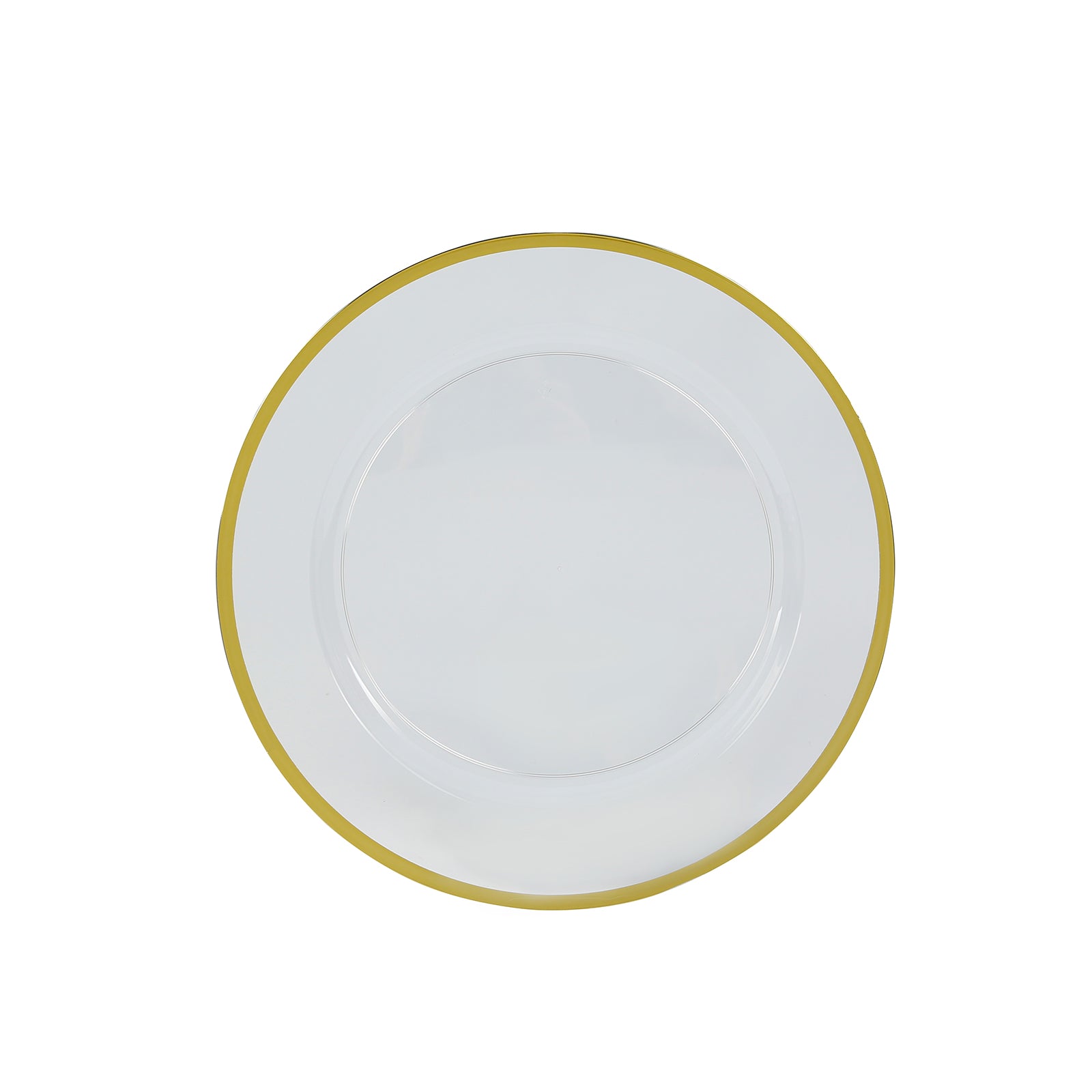 10-Pack Economy Plastic Round Charger Plates 12" in Clear with Wide Gold Rim, Decorative Dinner Party Serving Plates