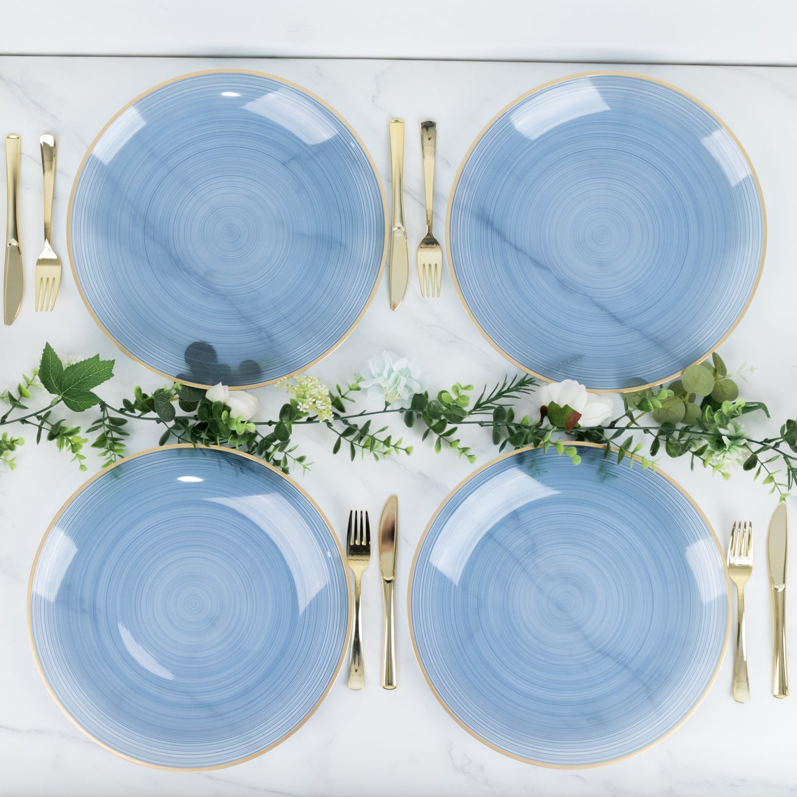 20 Pack 13" Economy Plastic Charger Plates – Transparent Dusty Blue Swirl Design with Gold Rim, Stylish Table Chargers