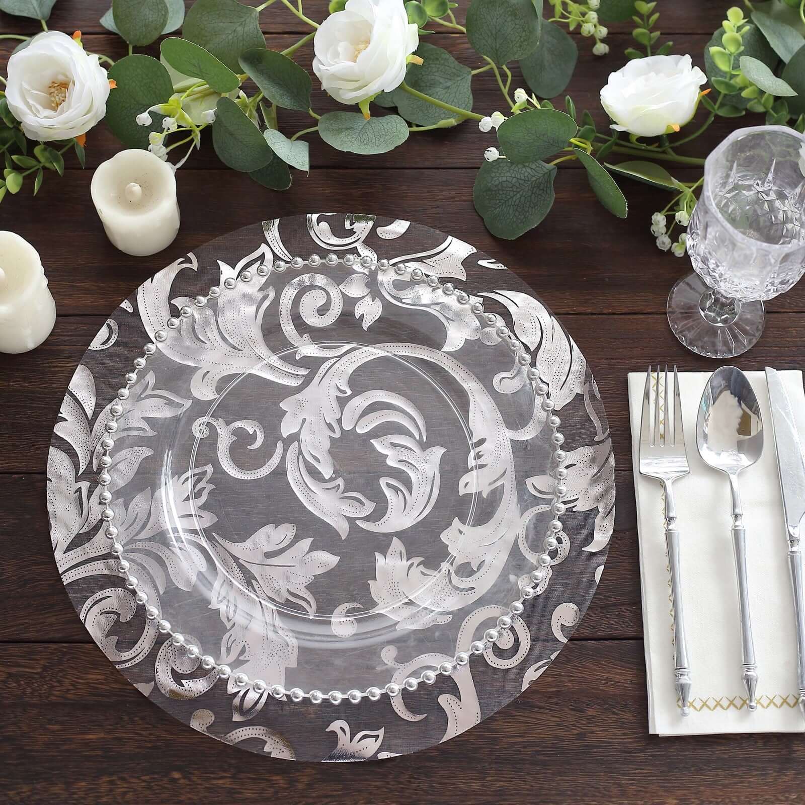 10-Pack Table Placemats Swirl Foil Floral Design Metallic Silver Round - Sheer Organza Disposable Mats 13"