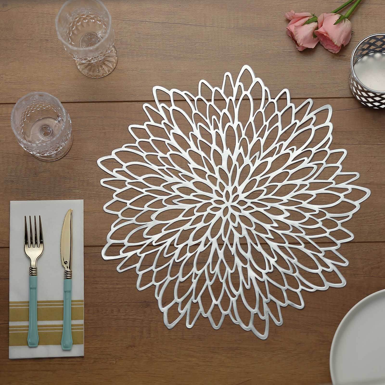 6-Pack Dining Table Mats Floral Design Silver - Metallic Vinyl Round Non-Slip Mats for Tables 15"