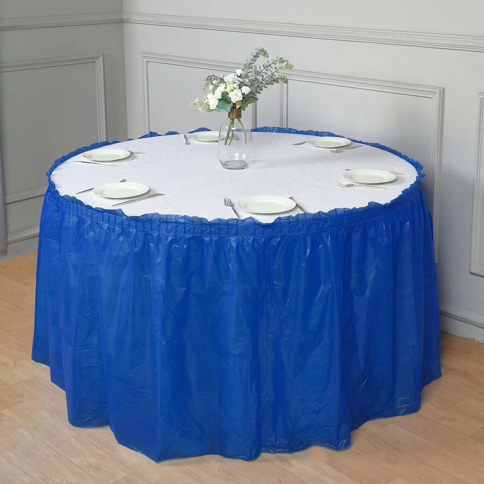 5 Pack Plastic Table Skirts Royal Blue Ruffled - Durable Disposable Skirts for Events 14ft