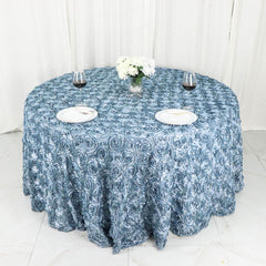 Satin 120" Round Tablecloth Dusty Blue - Grandiose 3D Rosette with Seamless Finish Table Cover